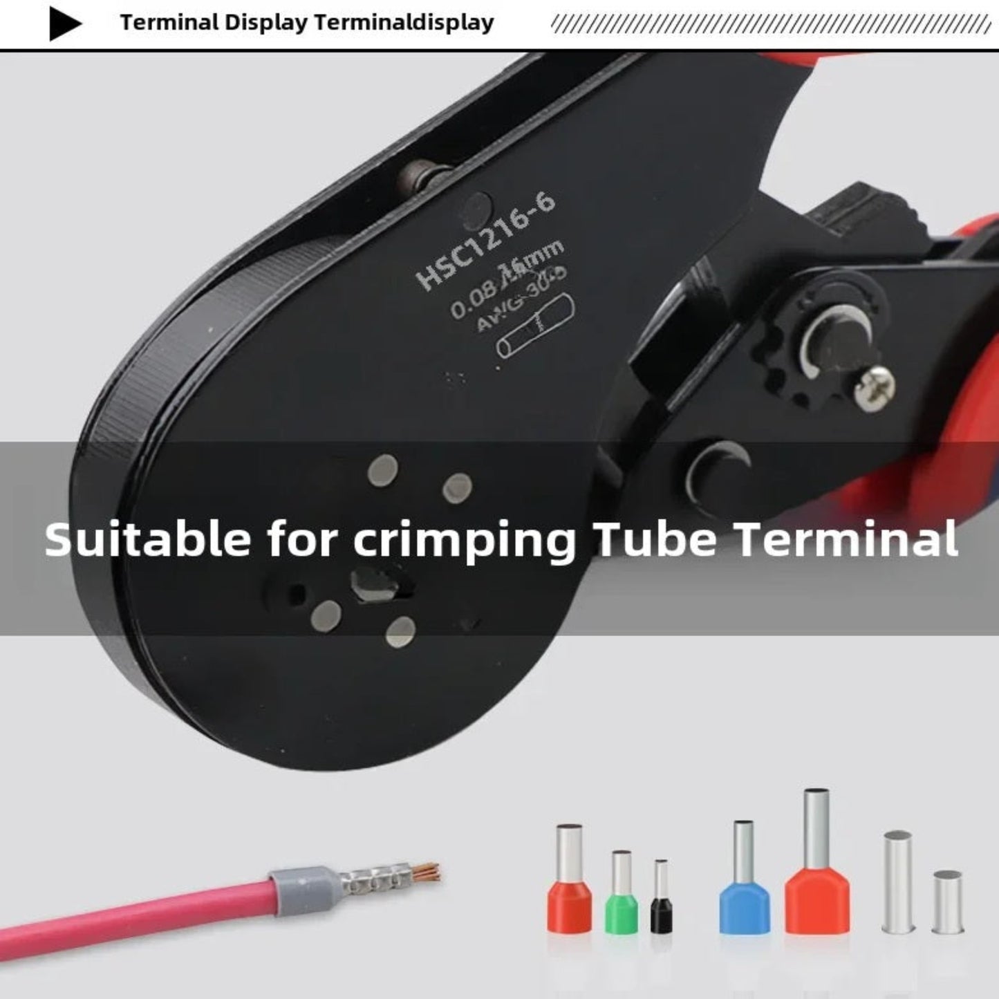 Close-up of the HSC12 16-6 crimper head next to a crimped wire ferrule and various colored tube terminals.
