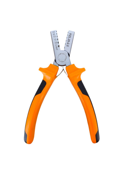 Crimping pliers for tubular terminals 0.25-2.5mm², featuring orange grips and durable steel construction.