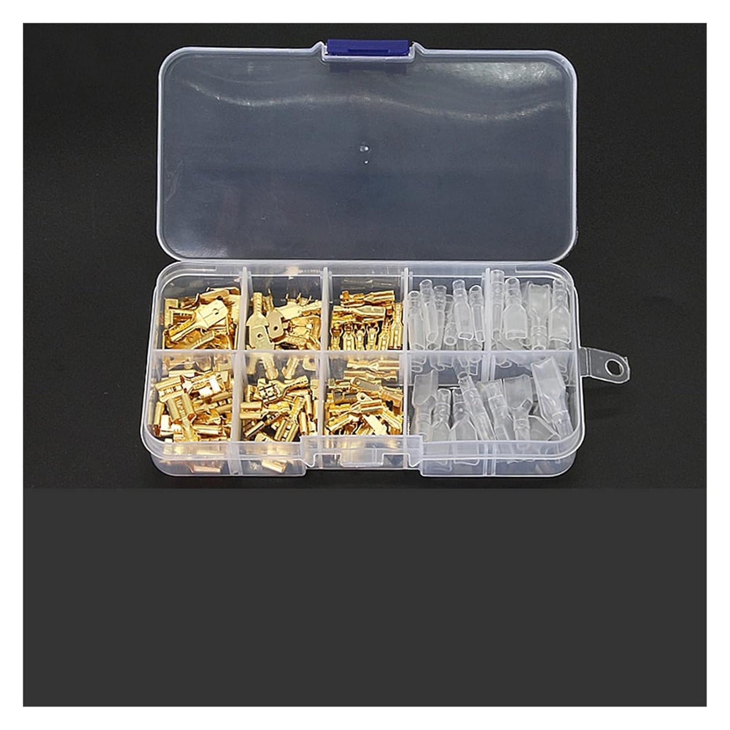 135pcs insulated male female spade connectors in a clear storage box, ideal for electrical work and DIY projects.