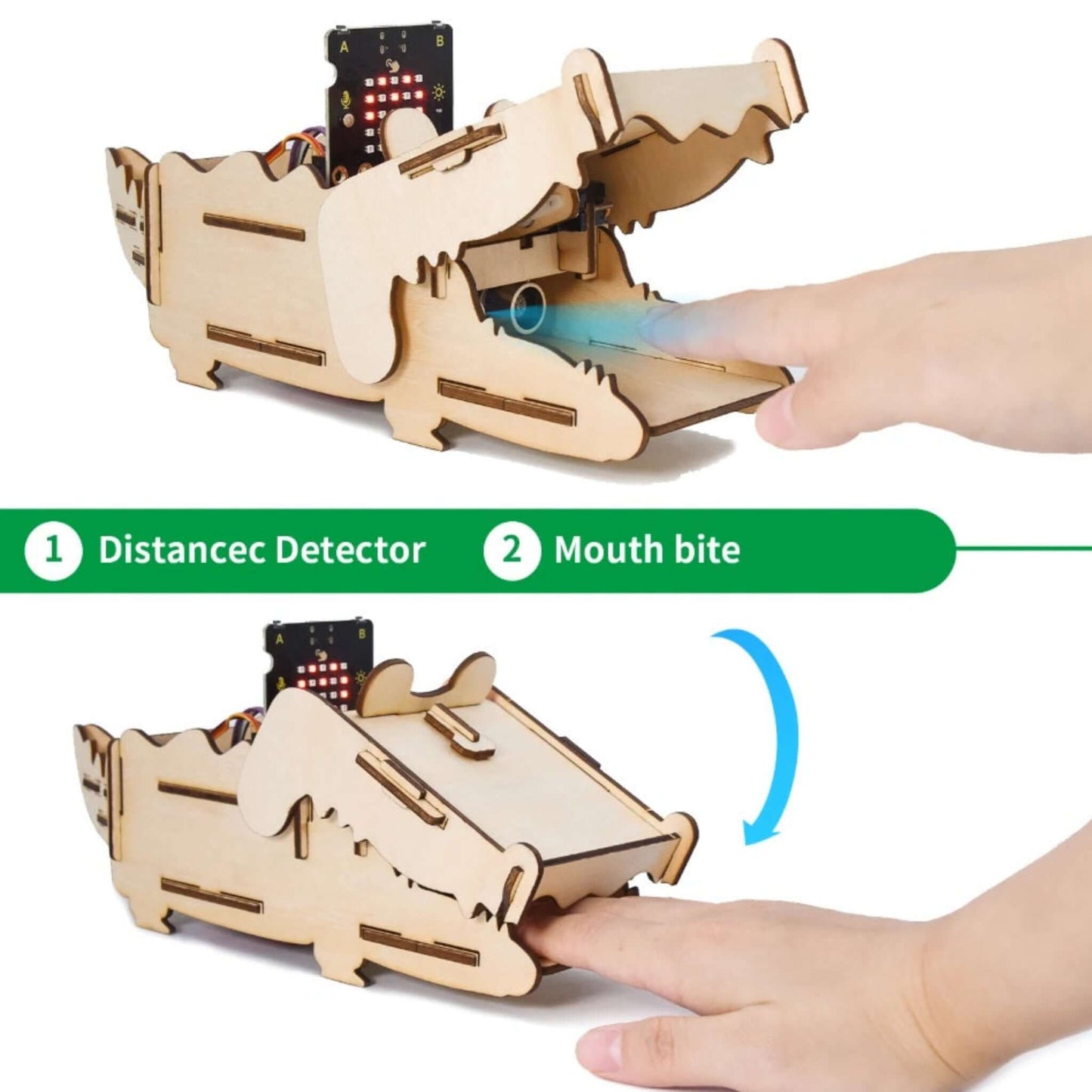 A diagram explaining the crocodile's function: 1. A distance detector (ultrasonic sensor) triggers 2. The mouth to bite.