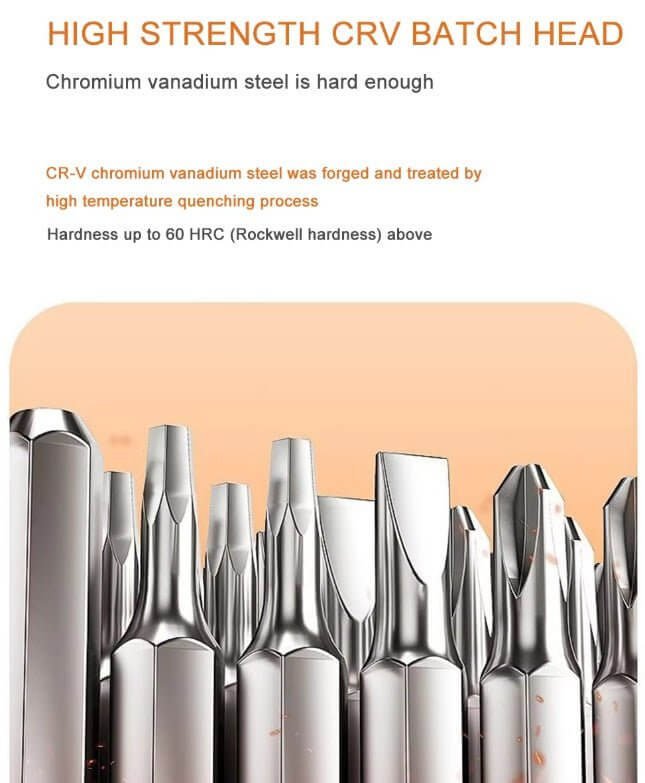 High strength CR-V batch heads made from chromium vanadium steel, designed for durability and precision in electronics repairs.