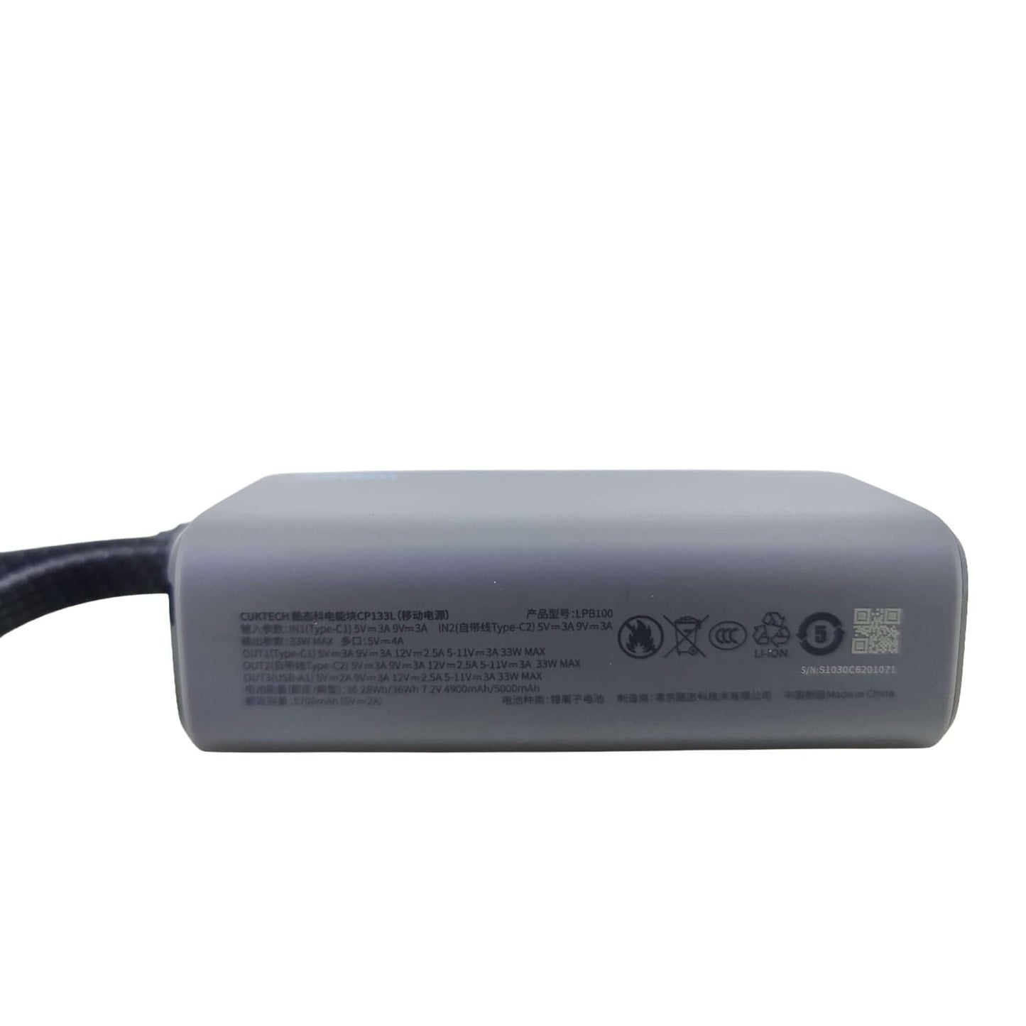 CUKTECH 10000mAh power bank CP133L showing input/output specifications, 3C certified.