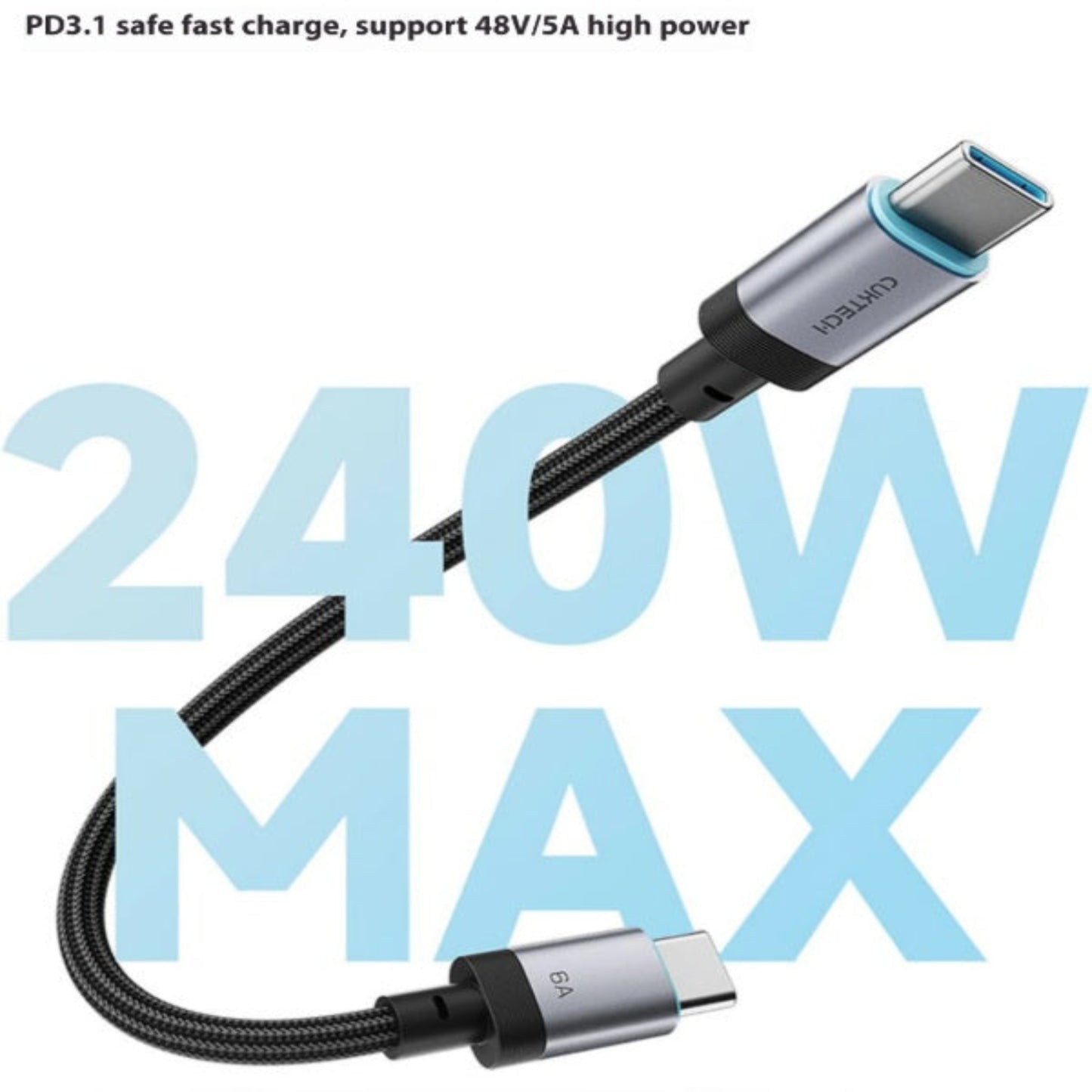 The CUKTECH 240W PD3.1 fast charge USB-C cable, featuring support for 48V/5A high power for rapid charging.