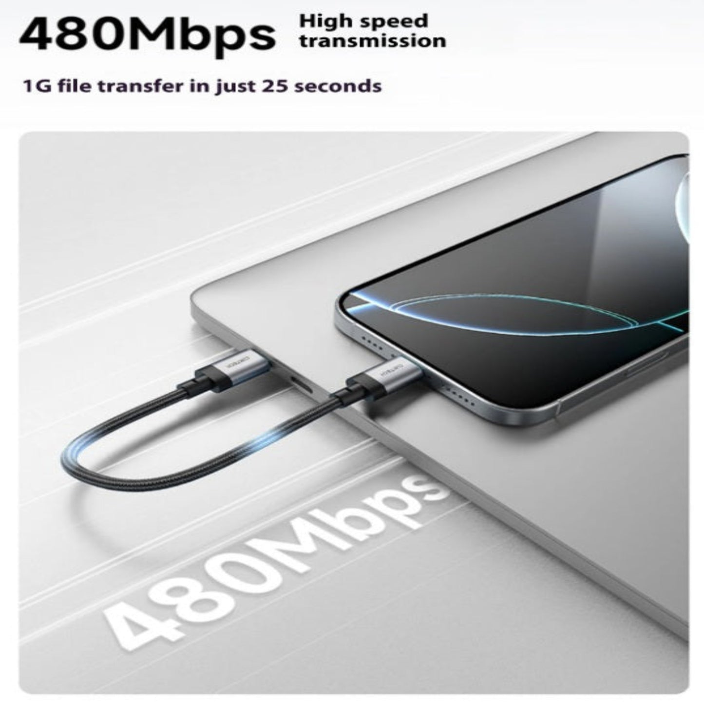 CUKTECH USB-C cable transferring a 1GB file in 25 seconds, demonstrating its 480Mbps high-speed data transmission.