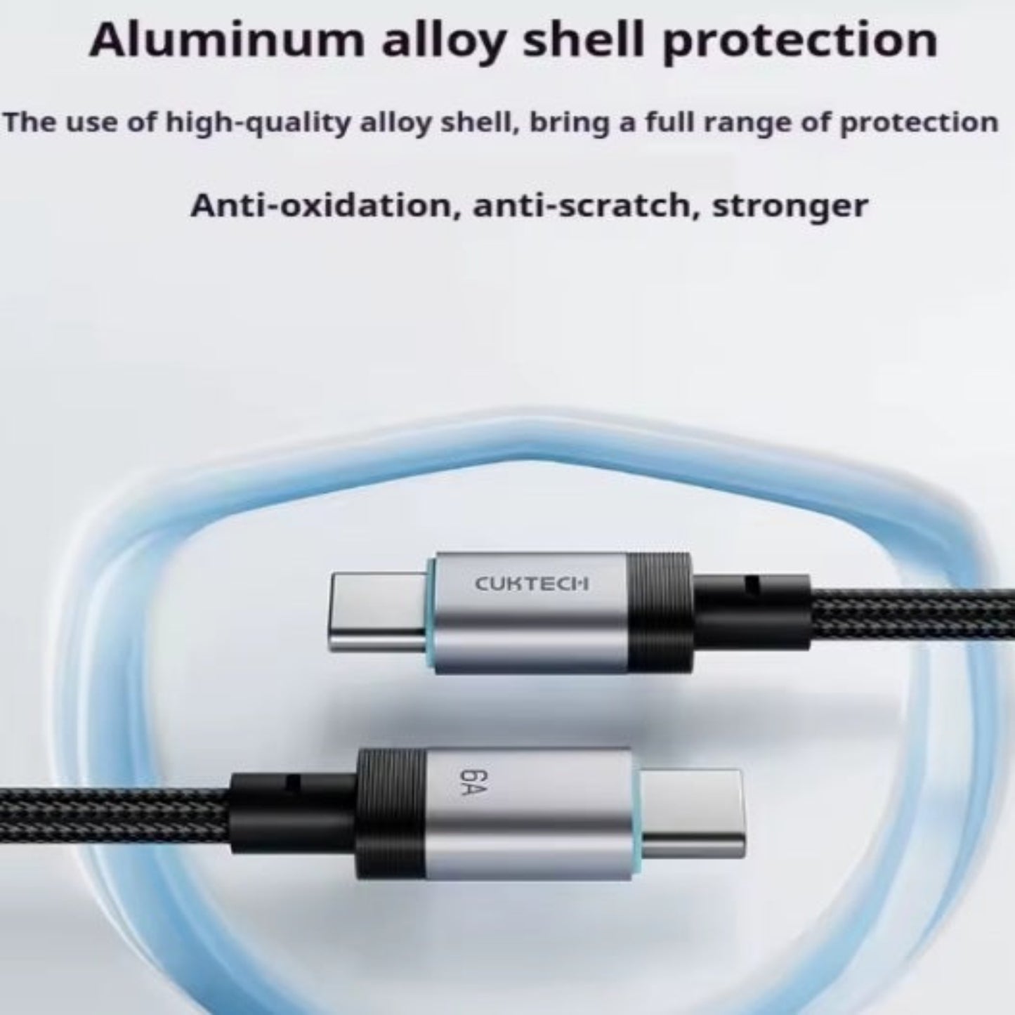 Close-up of durable aluminum alloy connectors on the CUKTECH 240W USB-C cable, showing the high-quality build.