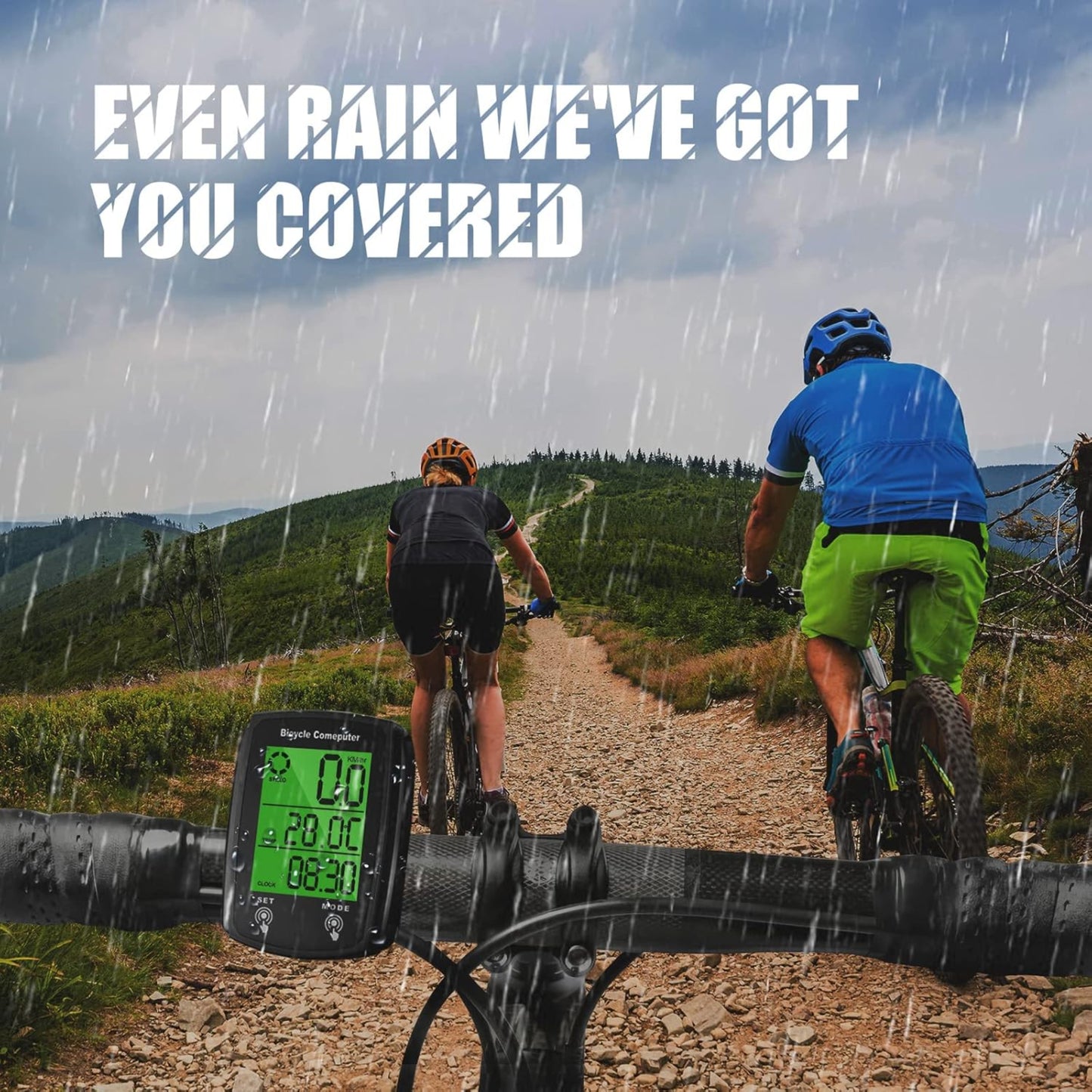 A durable cycling computer mounted on a bike, shown working in the rain during a ride.