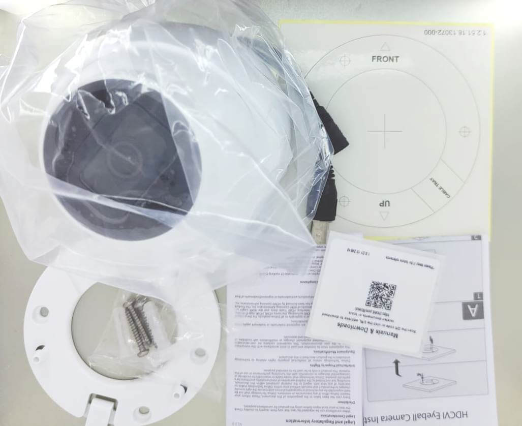 Dahua 2MP HDCVI IR Eyeball Camera installation kit including camera, mounting hardware, and instructions.