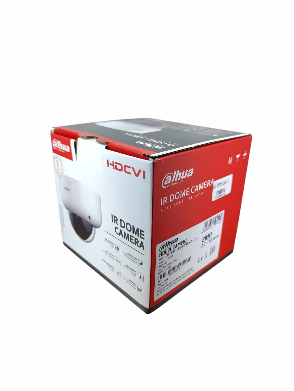 Dahua IR Dome Camera packaging with product details and brand logo, showcasing the HDCVI model.