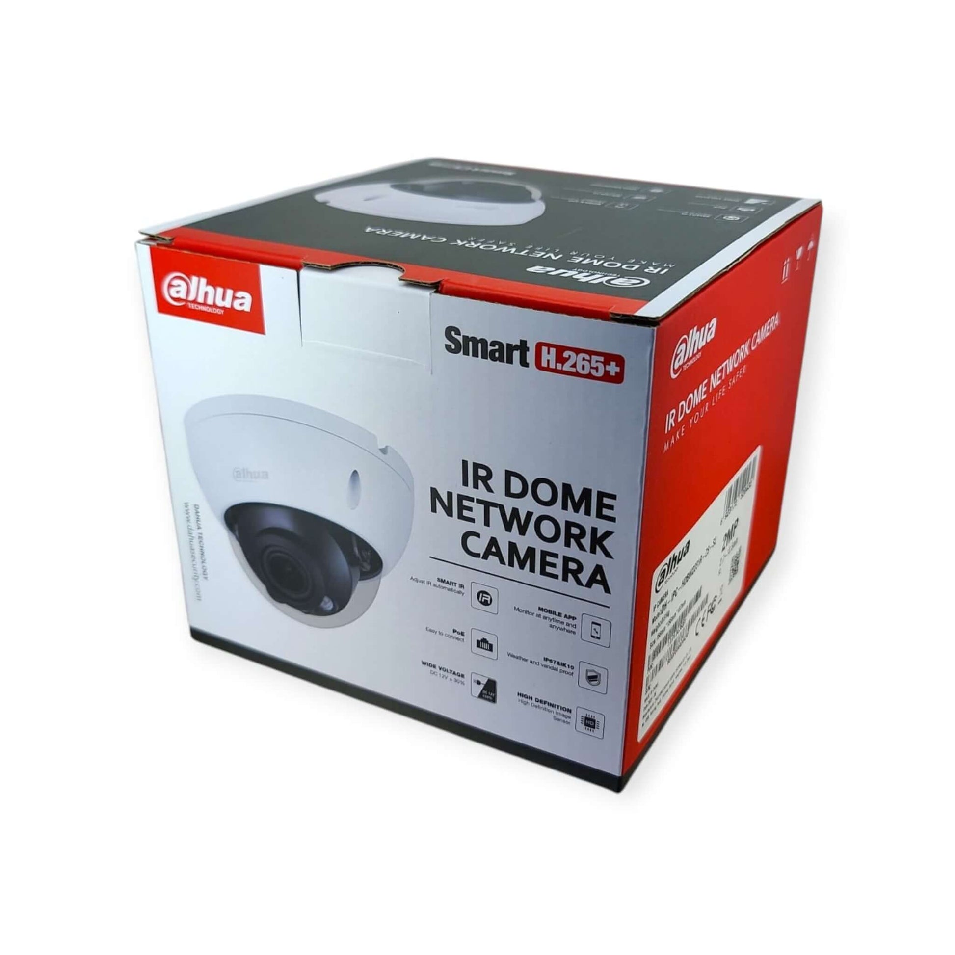 Dahua 2MP WDR IR Dome Network Camera box highlighting Smart H.265+ and mobile app features
