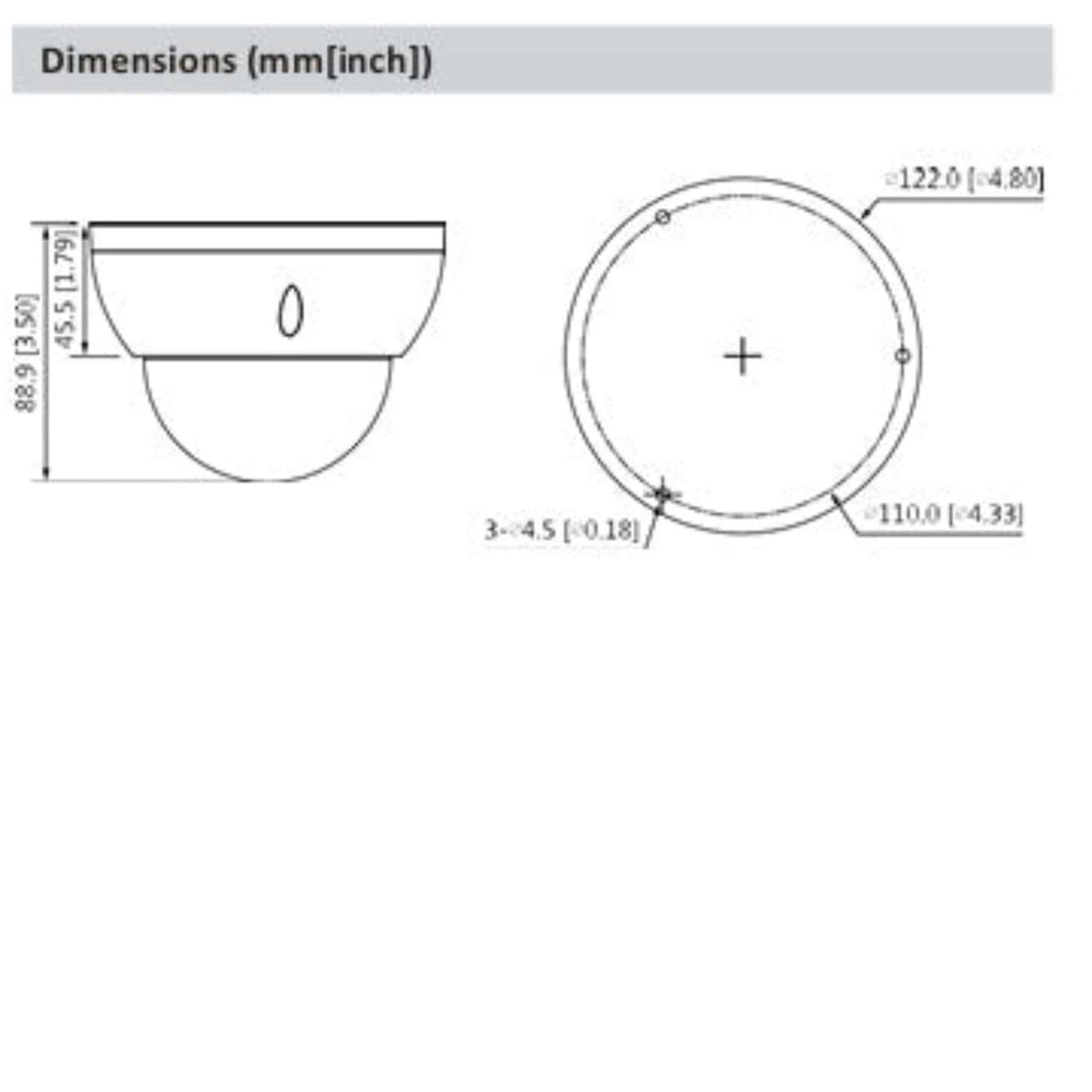 Dahua 2MP WDR IR Dome Network Camera dimensions in millimeters and inches for installation planning