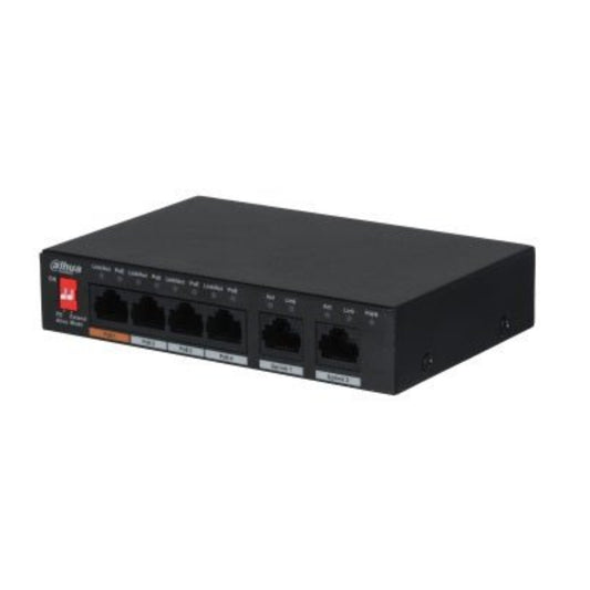 Angled view of DAHUA 4-port desktop PoE switch showing all 6 ports (4 PoE, 2 Uplink). Efficient power over Ethernet.