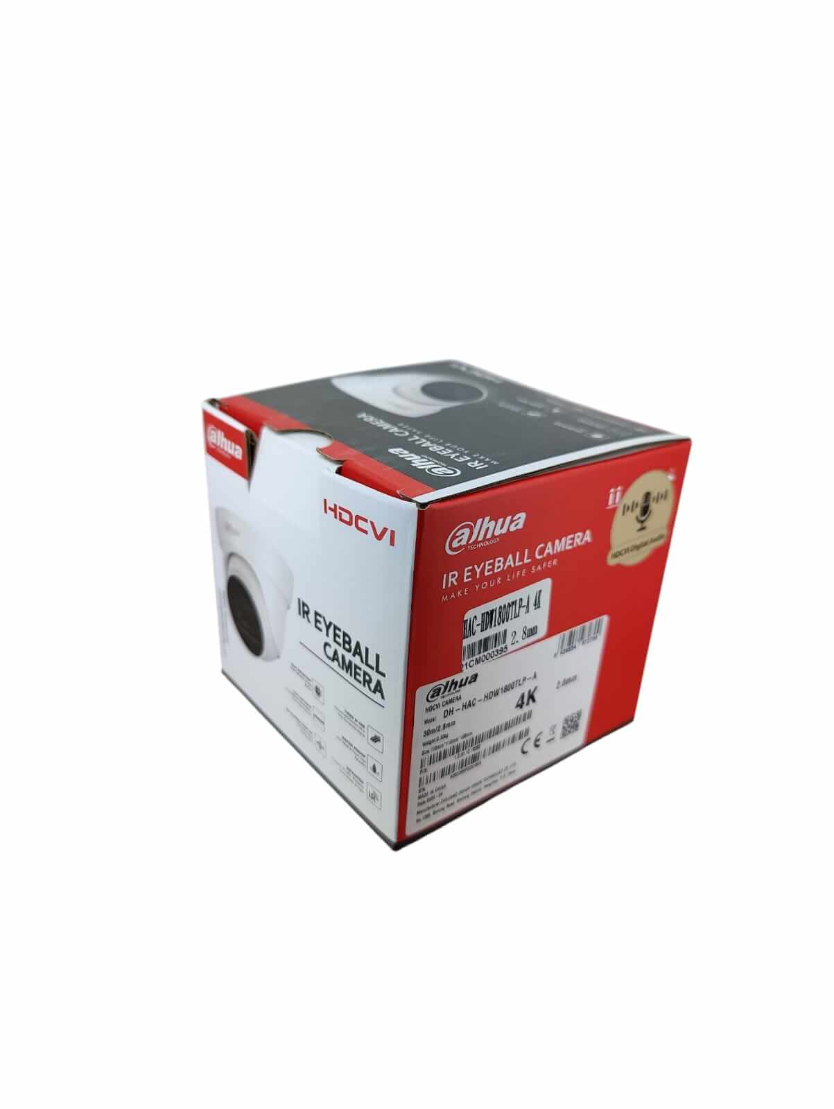 Dahua HAC-HDW1800TLP-A 4K HDCVI IR Eyeball Camera packaging box with audio feature.