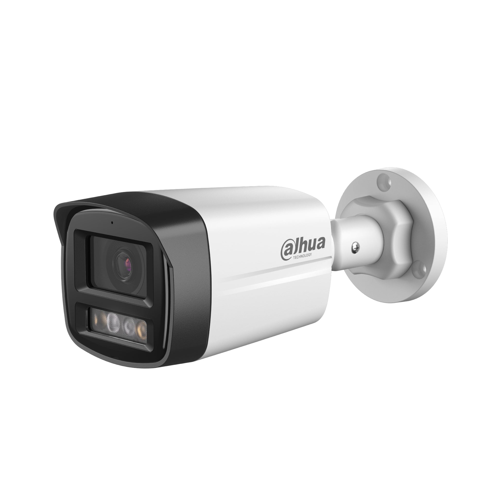 Full front view of a white Dahua 4MP bullet network camera. The lens and smart dual lights are clearly visible.