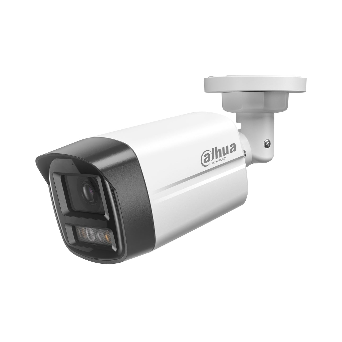 Angled view of the Dahua camera with its white LED lights on, highlighting the Smart Dual Light feature.