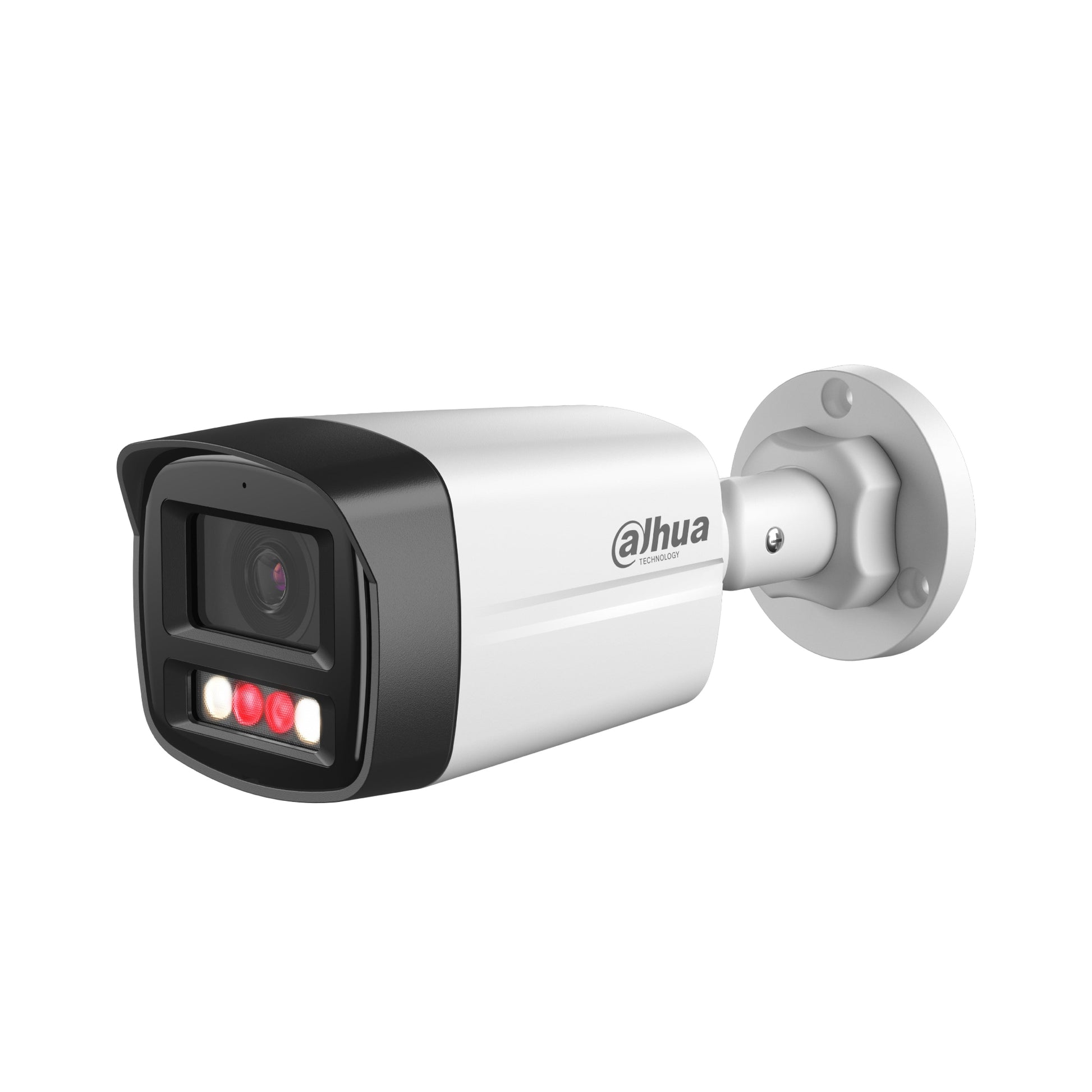 Dahua 4MP bullet camera with both red infrared and white LED lights illuminated, showing the Smart Dual Light function.