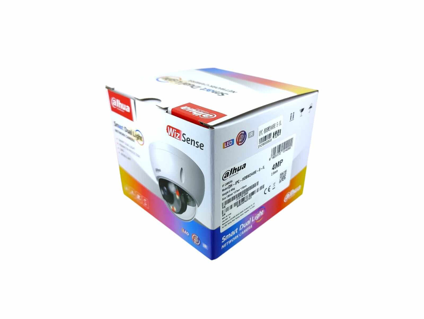 Dahua WizSense 4MP Smart Dual Light Dome Camera packaging box with technical specifications