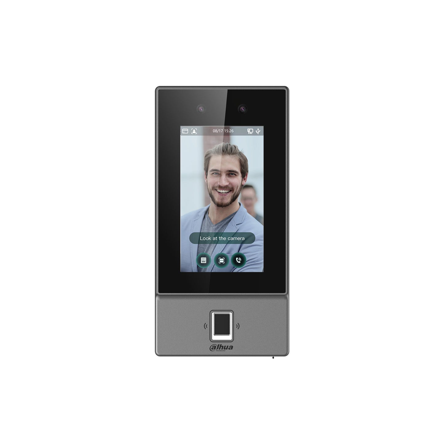 Front view of the Dahua ASI6214S-PW face recognition access controller showing the 4.3-inch touch screen and dual-lens camera.