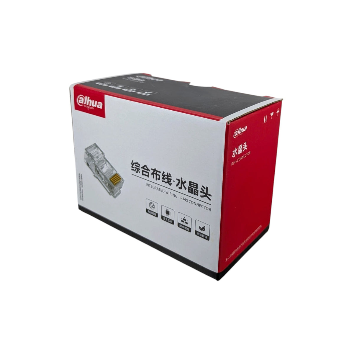 大華官方紅白配色的 100 粒裝 CAT6 RJ45 水晶頭包裝盒,專為專業網絡及 CCTV 工程而設。
