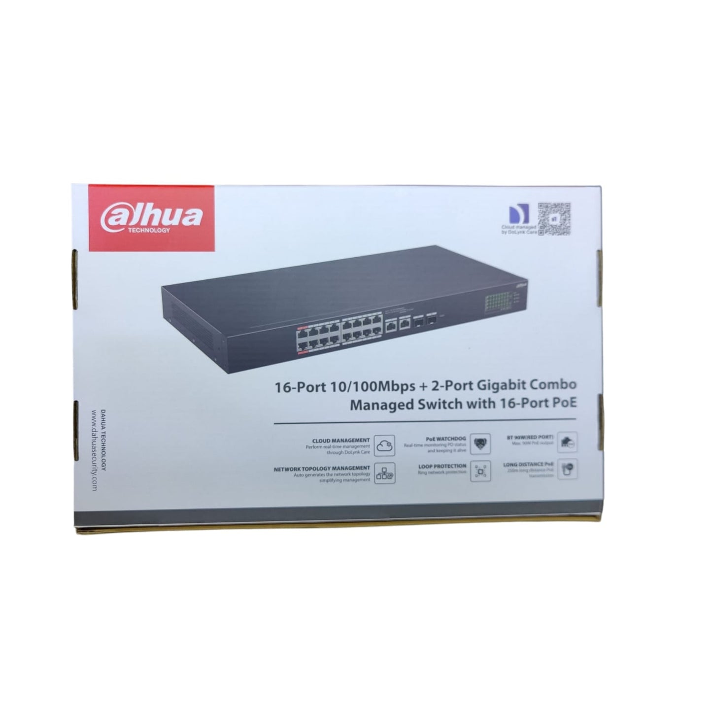 Original packaging box of the DAHUA CS4218-16ET-135 with feature highlights.