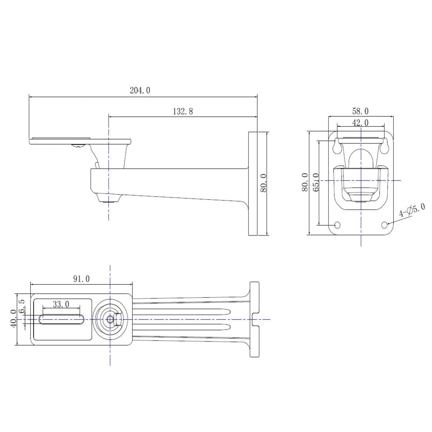Technical blueprint and dimensions of the Dahua DH-PFB120WS wall mount, showing length of 204mm and mounting hole layout.