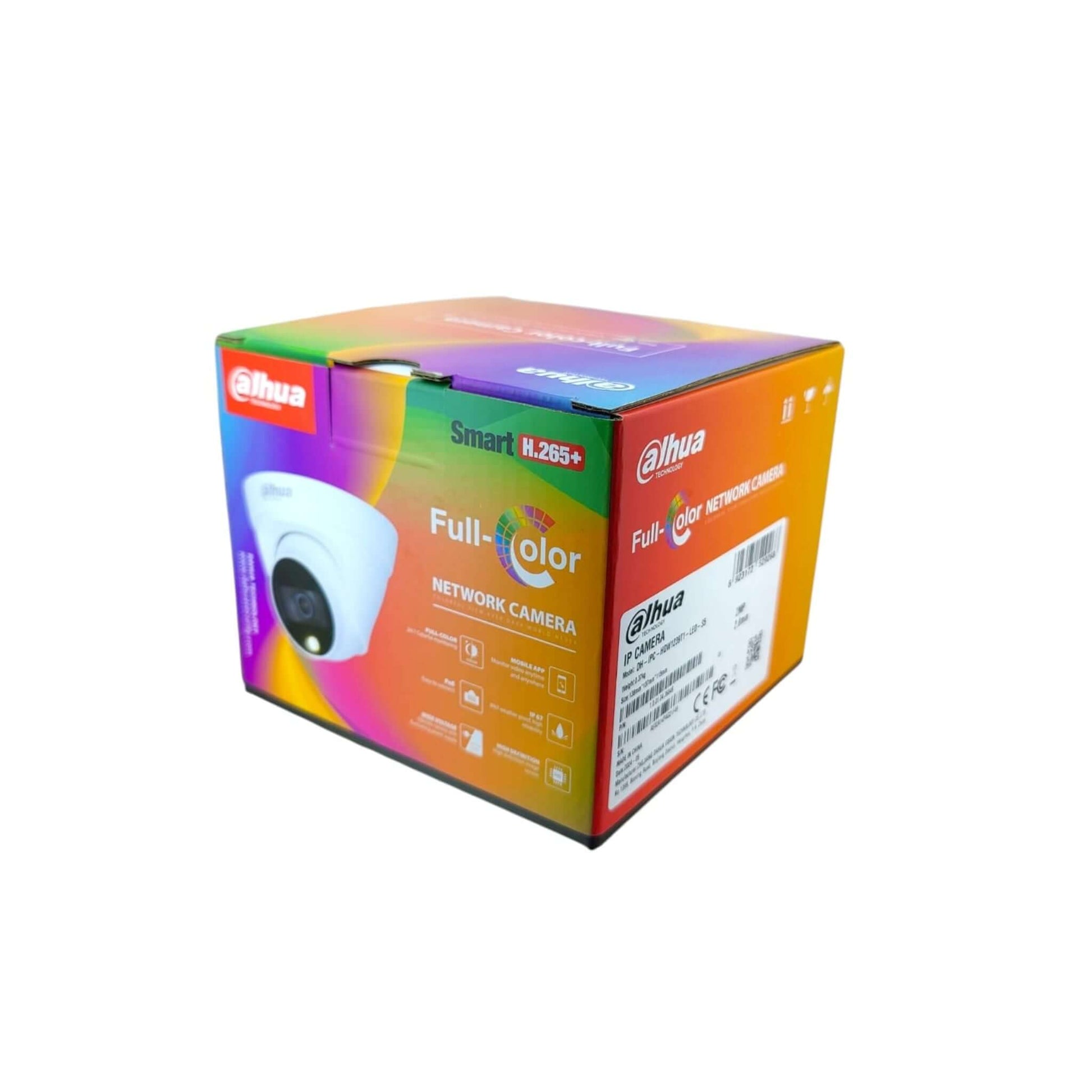 Dahua 2MP Full-color Network Camera (DH-IPC-HDW1239T1-LED-S5) packaging box, highlighting "Smart H.265+"
