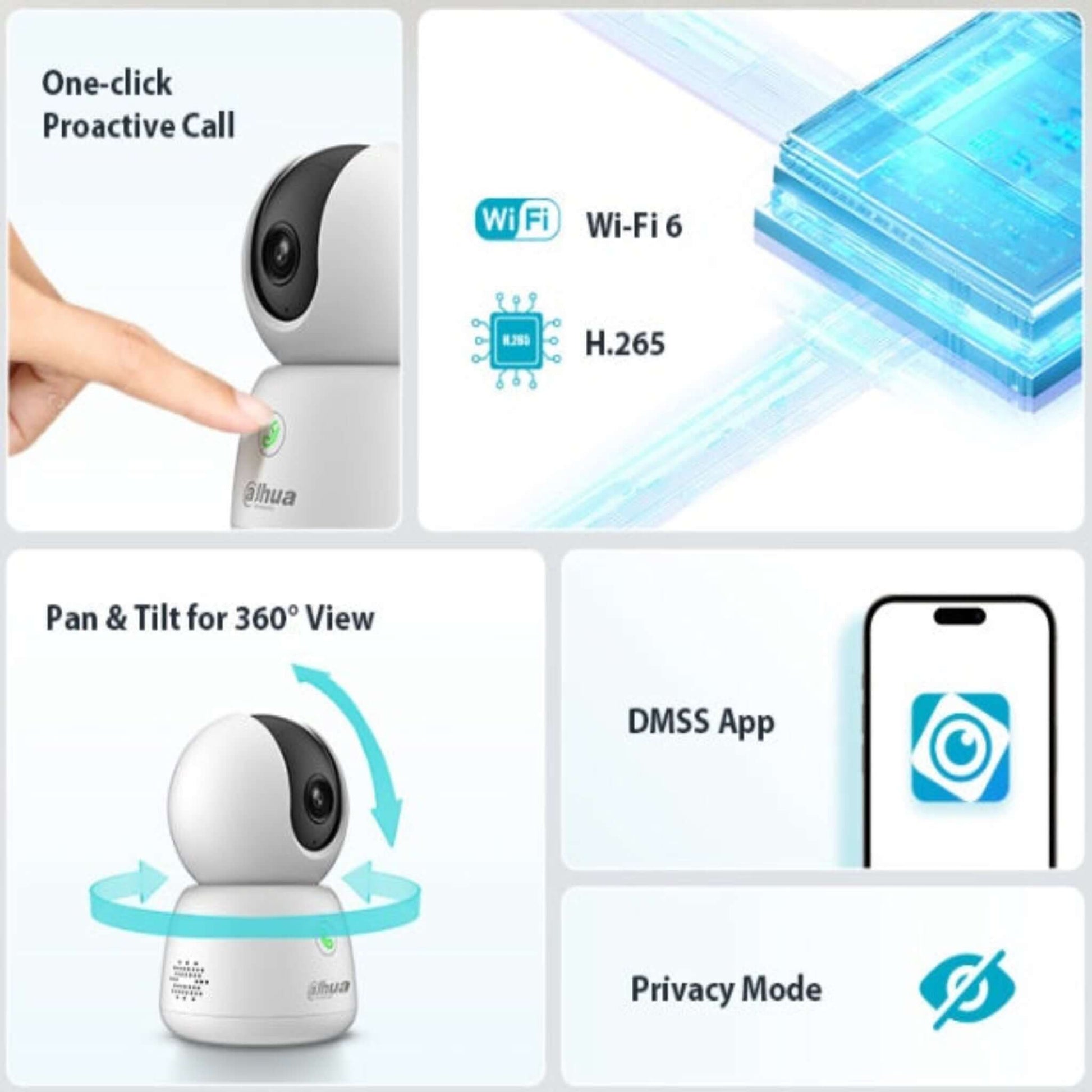 Infographic showing the Dahua H3B's features: one-click call, Wi-Fi 6, H.265 compression, pan & tilt 360° view, and privacy mode.