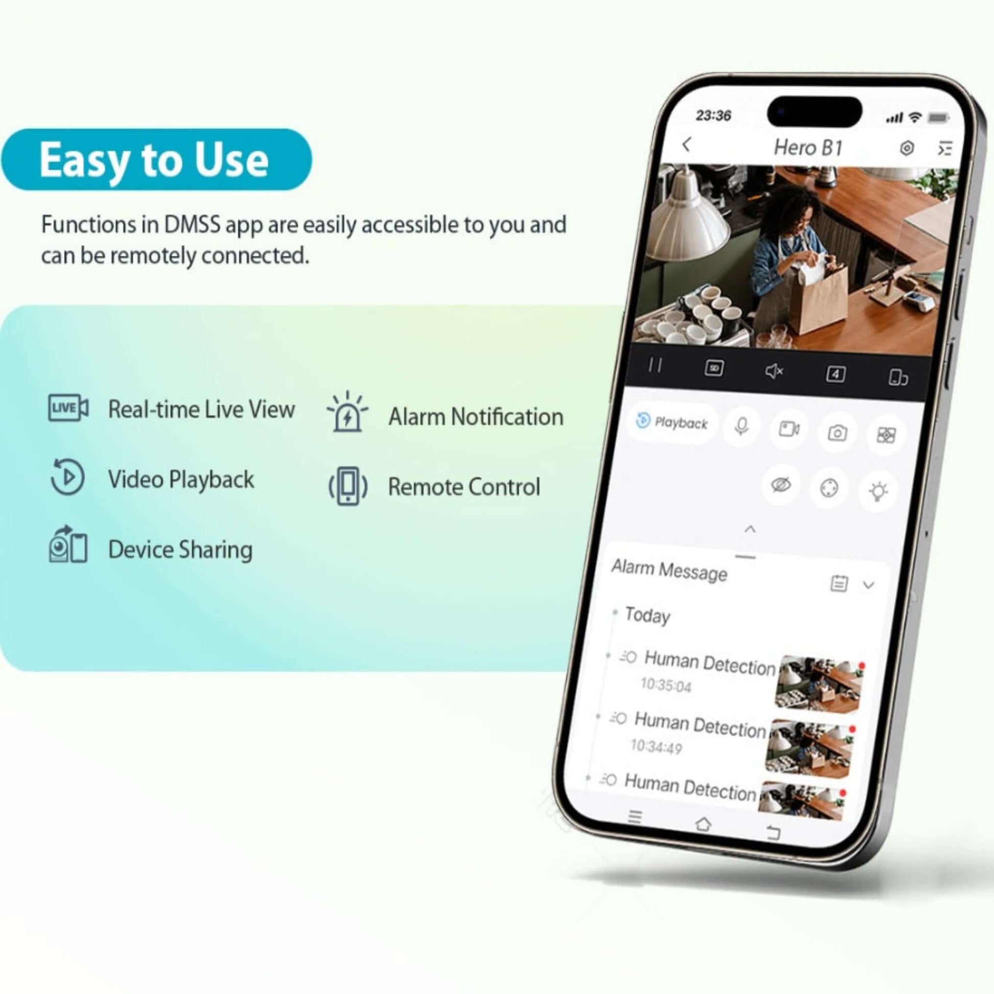 Screenshot of the DMSS app interface for the Dahua H3B camera, showing real-time live view, playback, and alarm message functions.