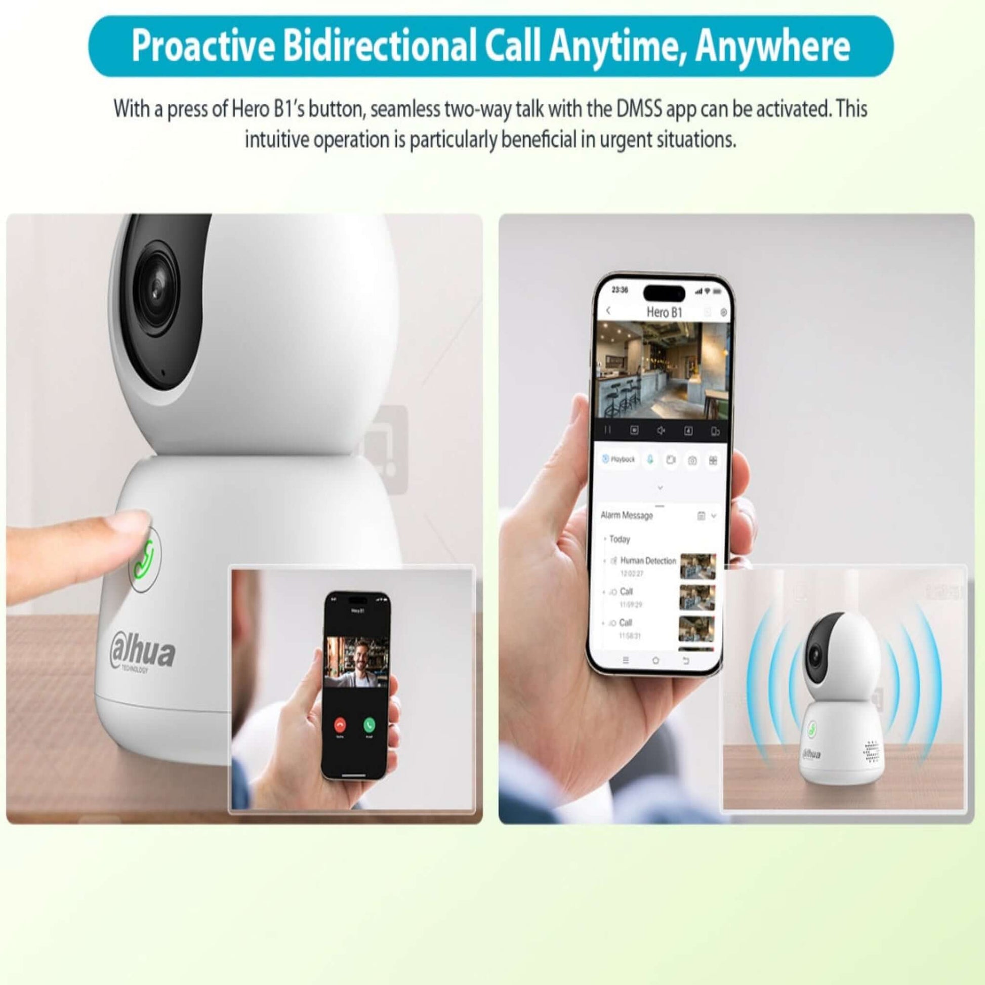 Demonstration of the Dahua H3B's proactive bidirectional call feature, showing a finger pressing the call button on the camera and a video call appearing on a smartphone.