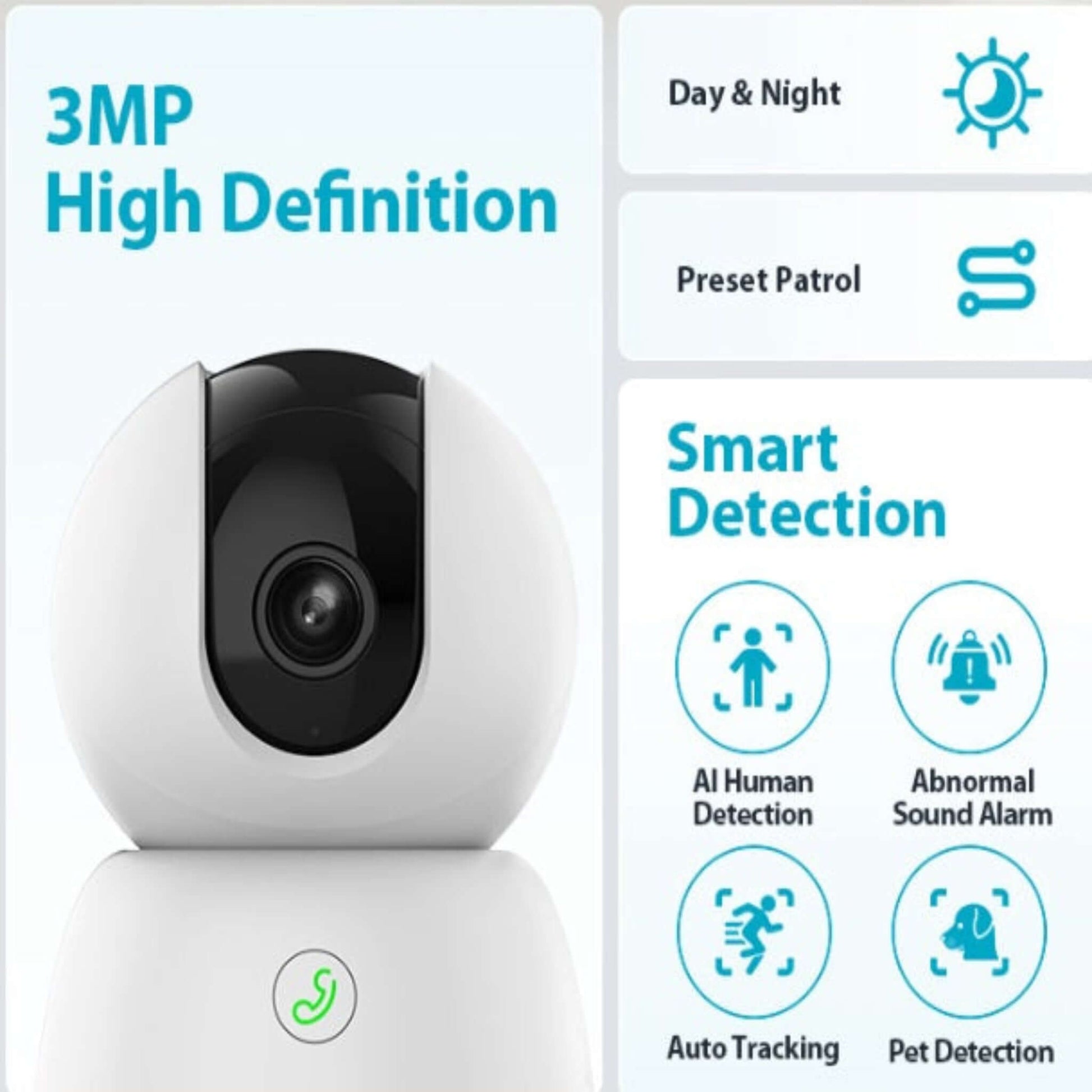 Feature graphic for the Dahua H3B camera highlighting its 3MP high definition and AI smart detection for humans, pets, sound, and auto-tracking.