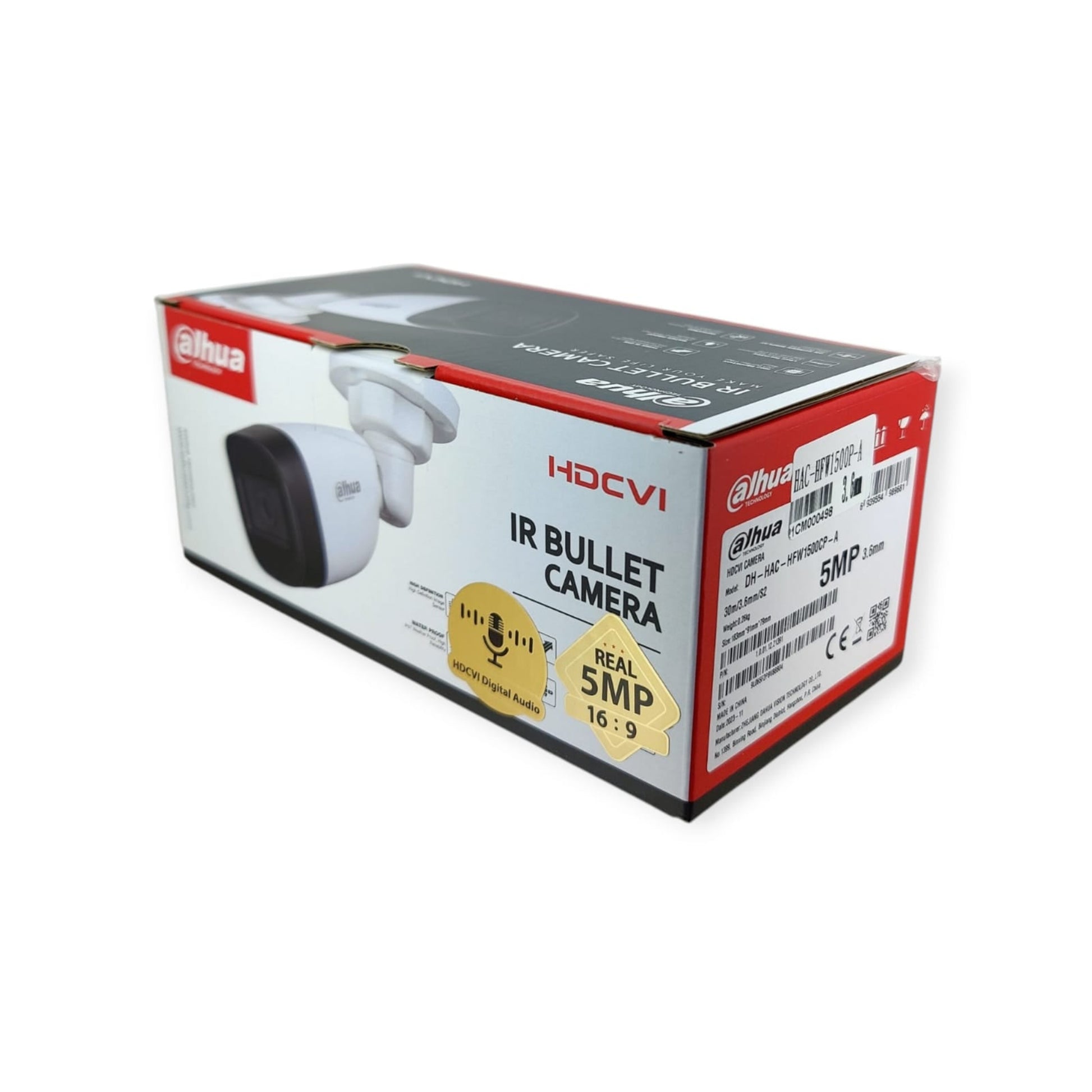 Dahua 5MP Starlight HDCVI IR Bullet Camera retail box showing key features and model: HAC-HFW1500CP-A.