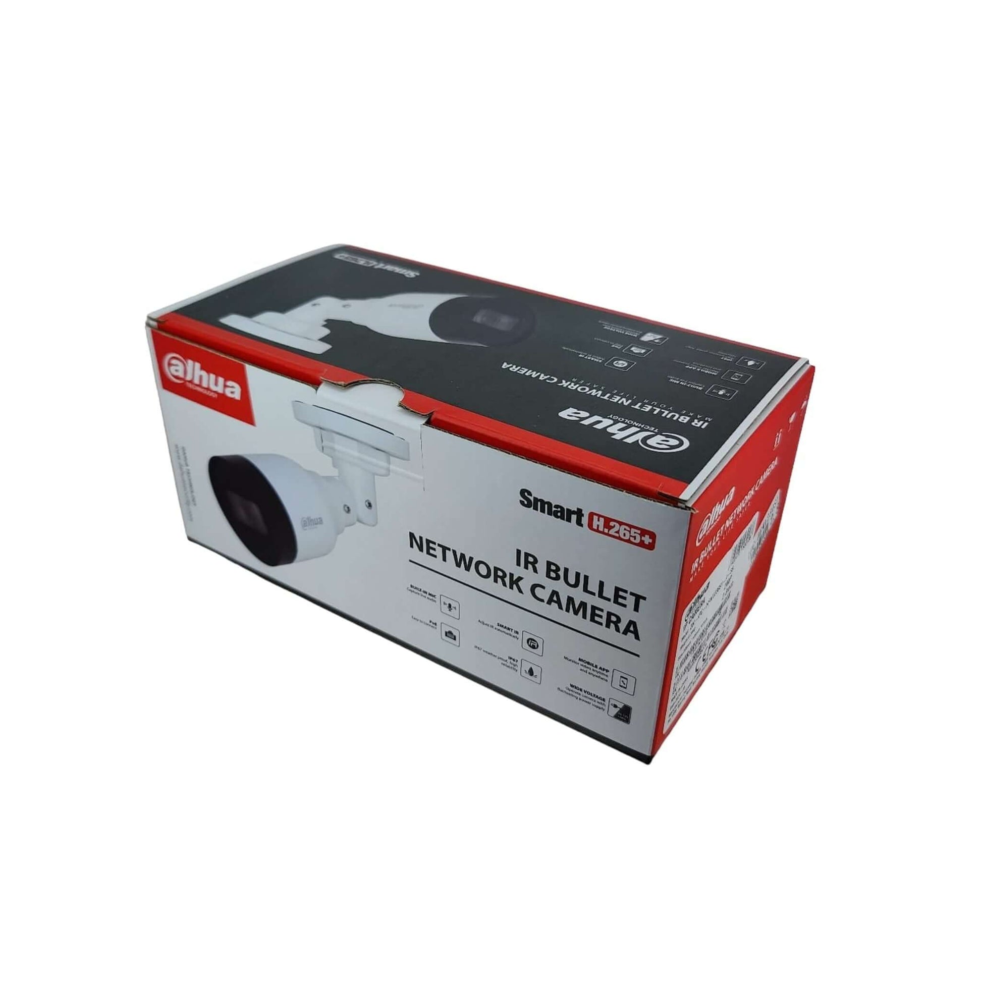 Dahua IPC-HFW1230S1-A-S5 2MP IR bullet network camera retail box with Smart H.265+ technology.