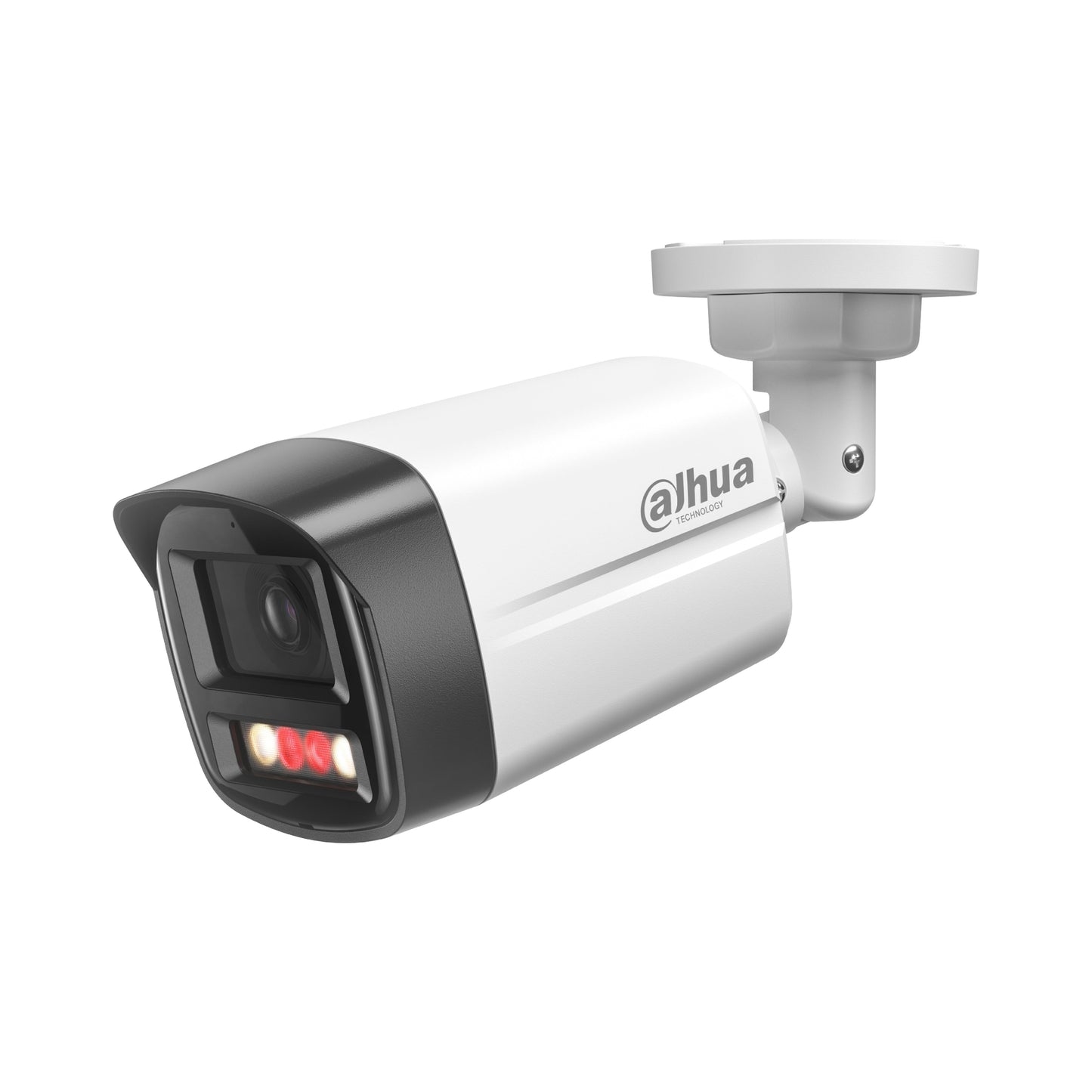 Angled view of the Dahua camera with its red infrared (IR) lights on, showing its night vision capability.