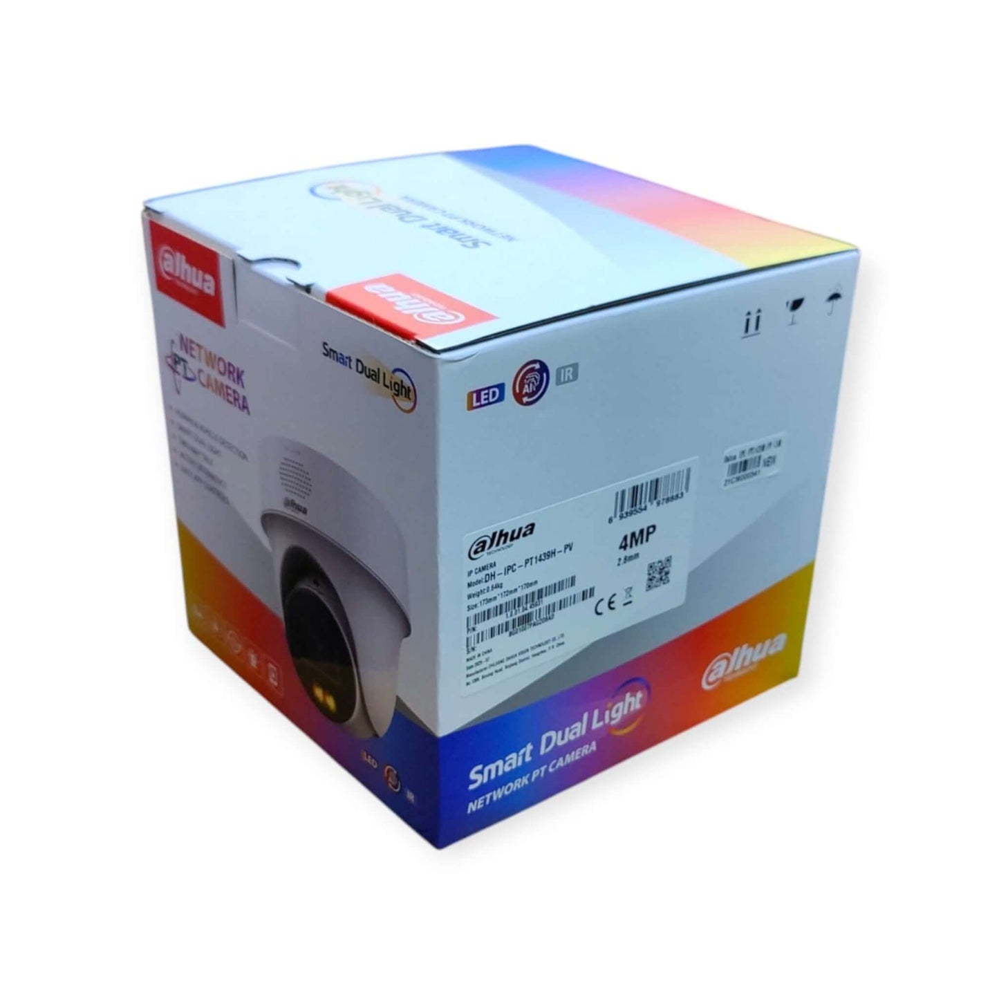 Retail box for the Dahua IPC-PT1439H-PV 4MP Network PT Camera, highlighting Smart Dual Light features.