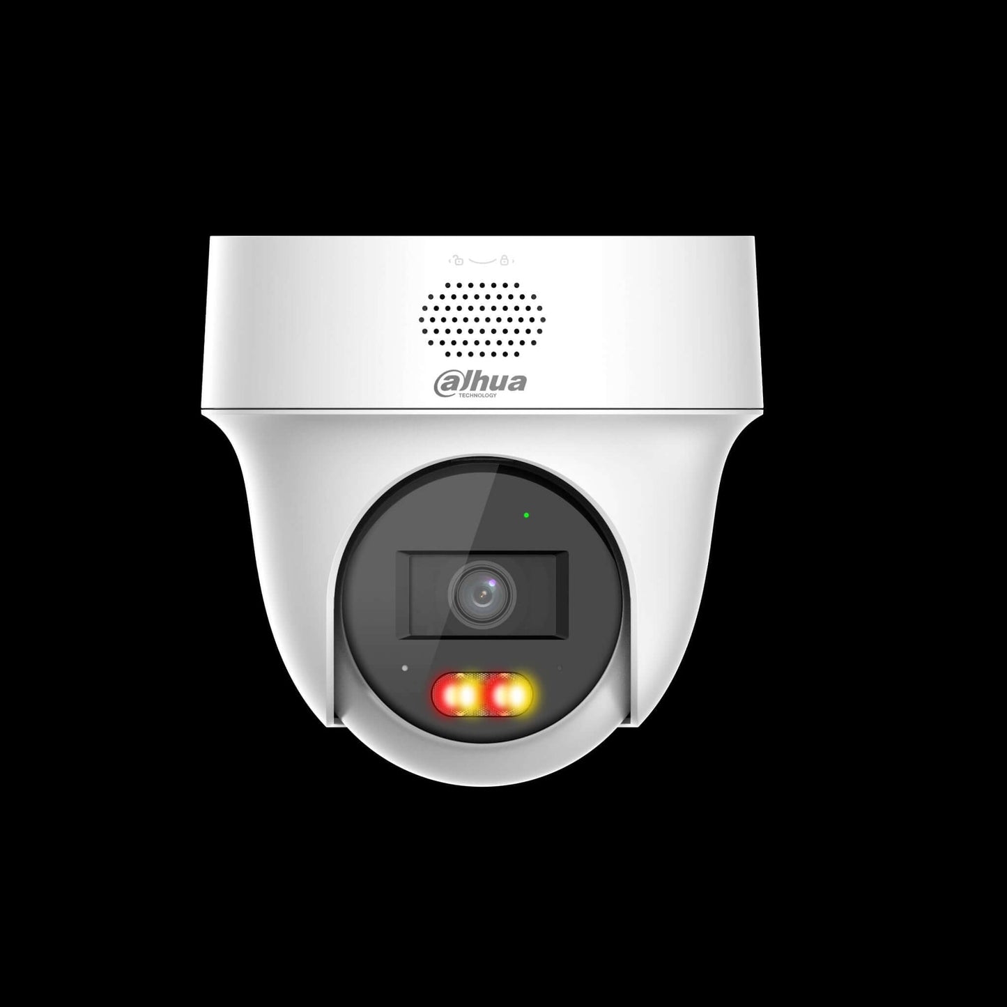 Close-up of Dahua IPC-PT1439H-PV 4MP camera with Smart Dual Light, speaker, and IR illuminators.