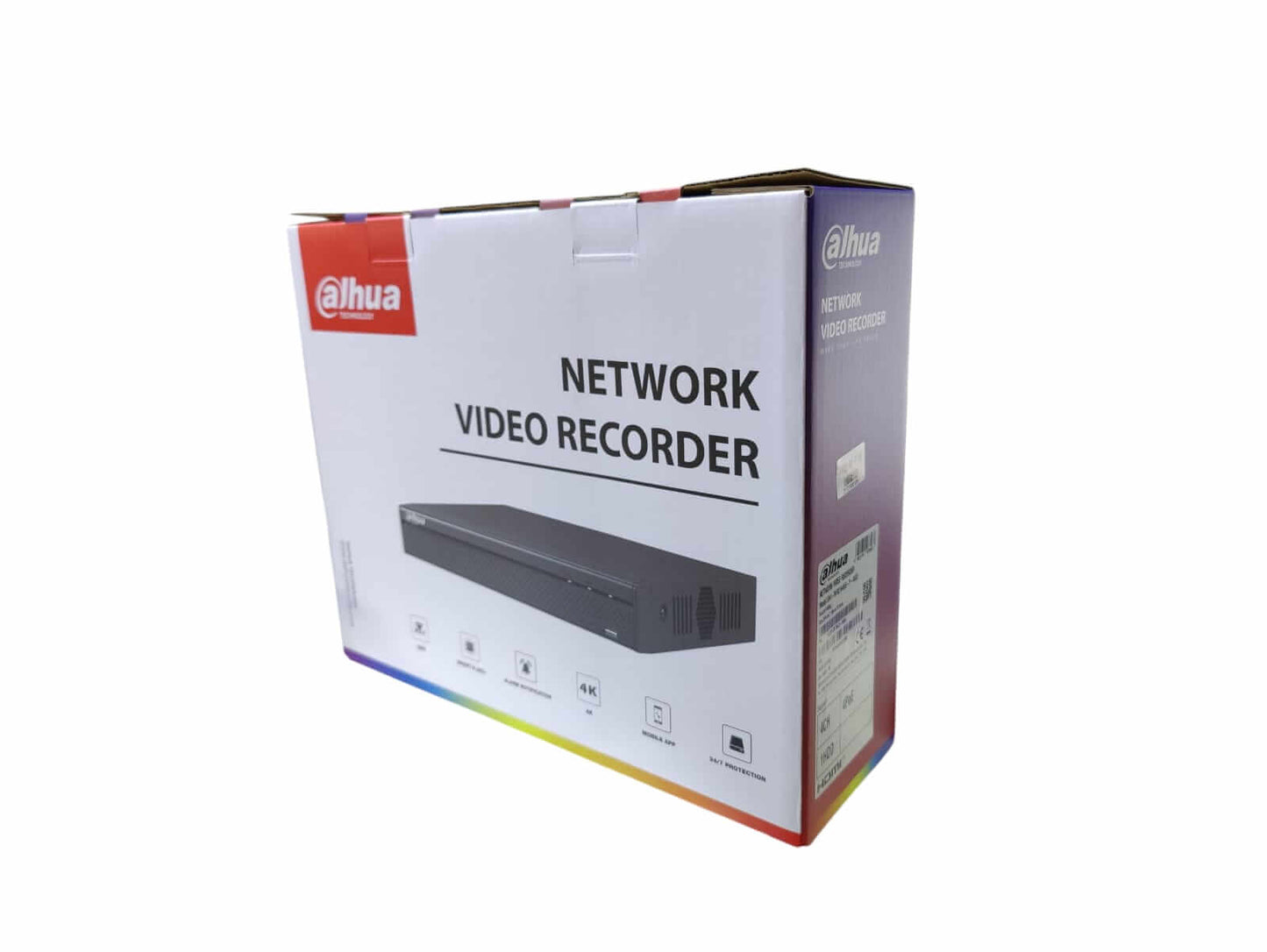 Dahua NVR2104HS-P-4KS3 network video recorder packaging, highlighting 4-channel 4K PoE features.