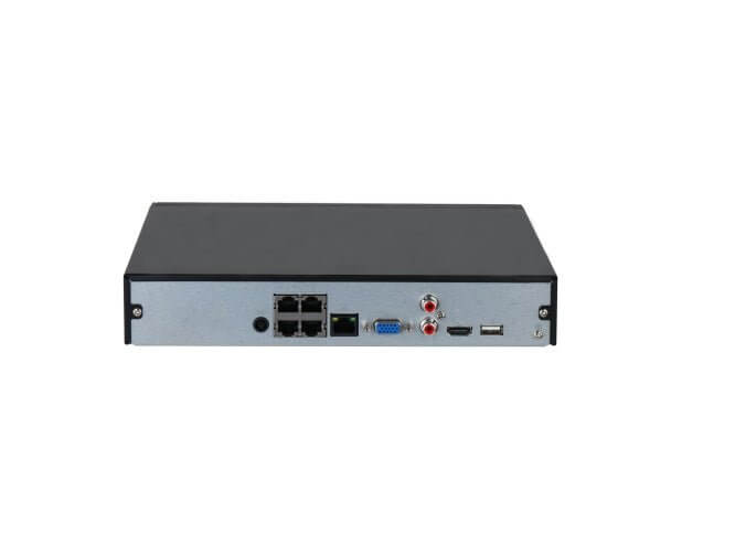 Rear view of Dahua NVR2104HS-P-4KS3 4-channel 4K PoE NVR showing ports and connections.