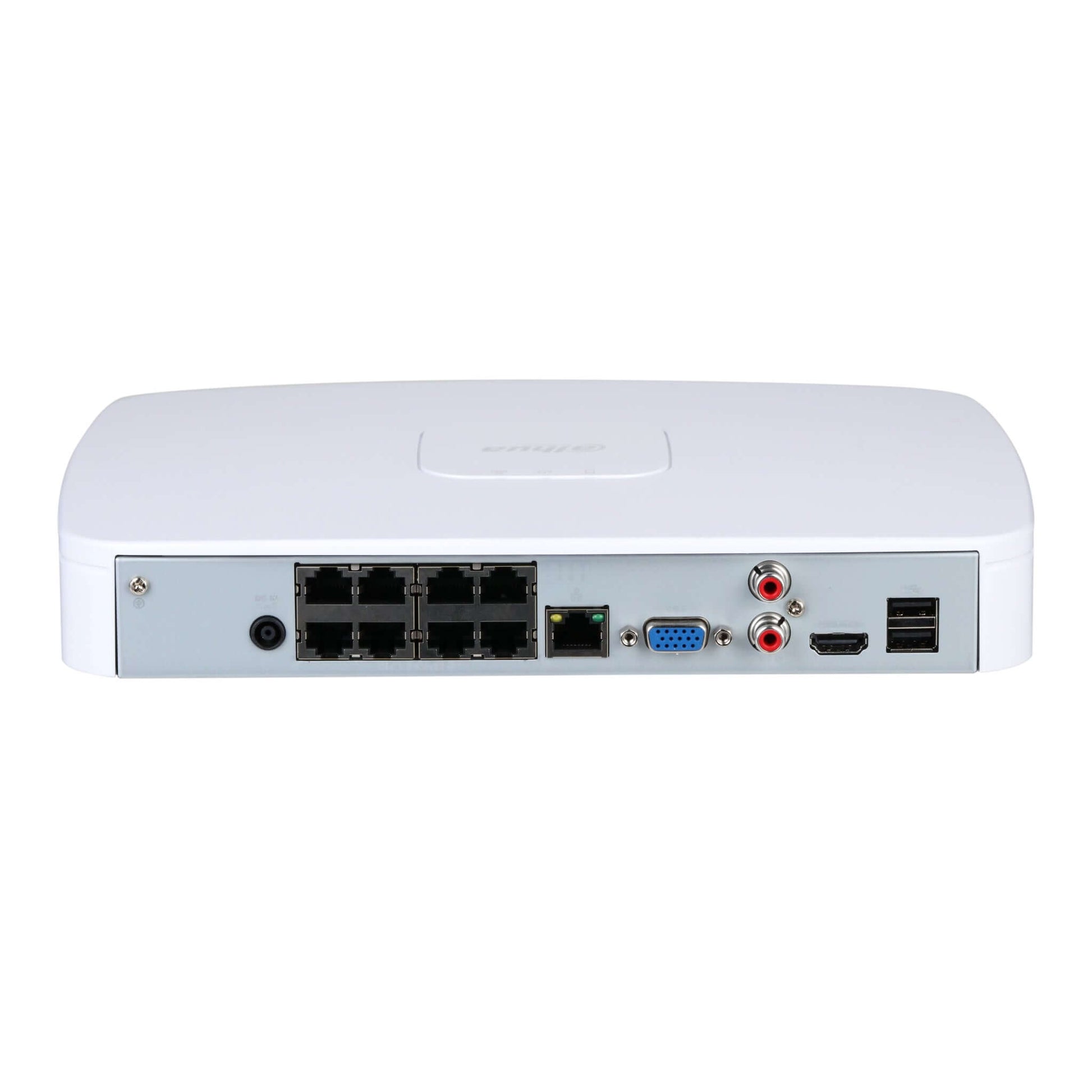 Rear view of Dahua NVR2108-8P-4KS3 NVR showing 8 PoE ports, HDMI, VGA, USB, and audio.