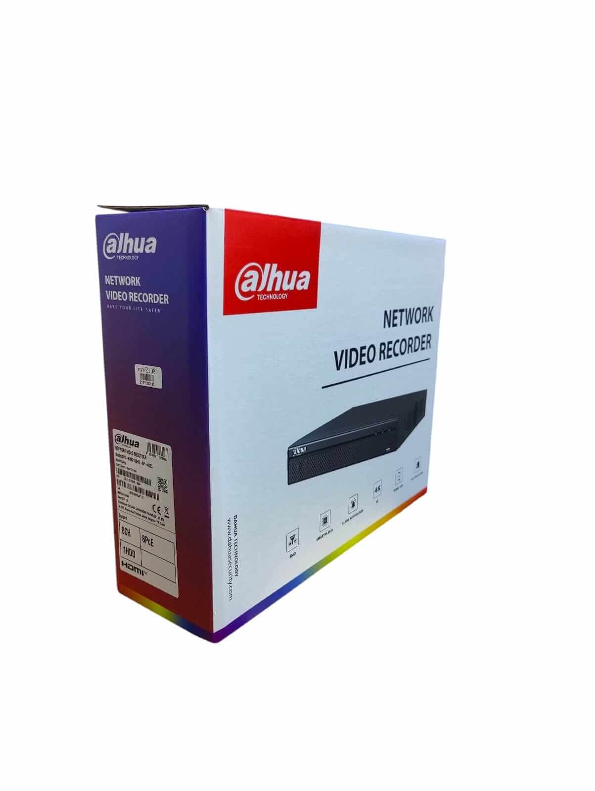 Dahua NVR2108HS-8P-4KS3 Network Video Recorder packaging with clear branding and technical details.