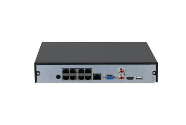 Dahua NVR2108HS-8P-4KS3 back view showing ports for surveillance system connectivity.