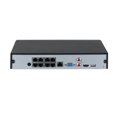 Back view of Dahua NVR4108HS-8P-4KS3 8-Channel 4K PoE Network Video Recorder with ports and connections.