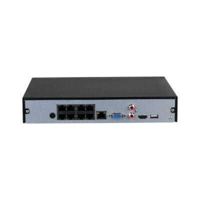 Back view of Dahua NVR4116HS-8P-4KS2/L showing 8 PoE ports and video output connections.