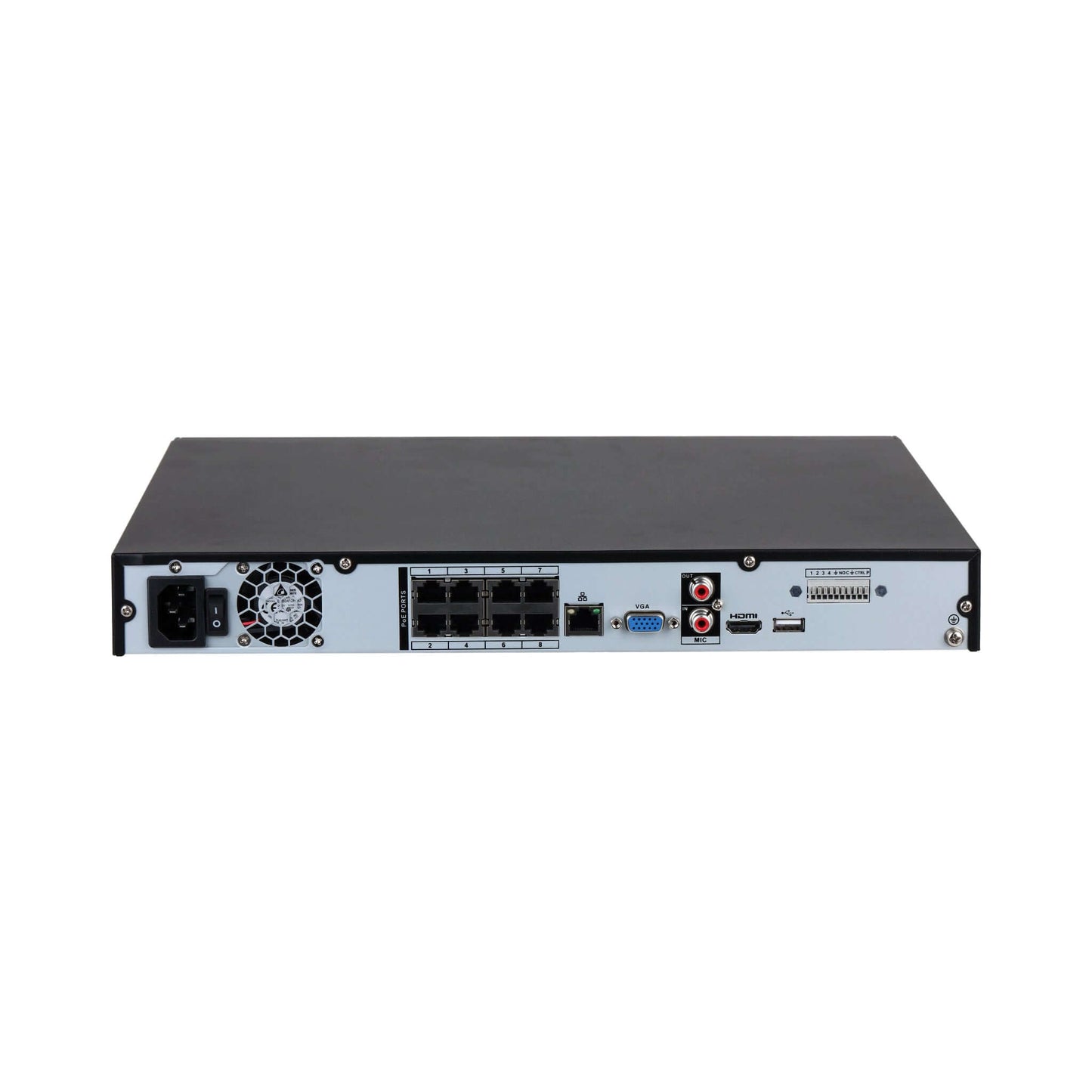 Rear view of Dahua NVR4208-8P-EI 8PoE NVR, showing all ports: HDMI, VGA, USB, network, power.