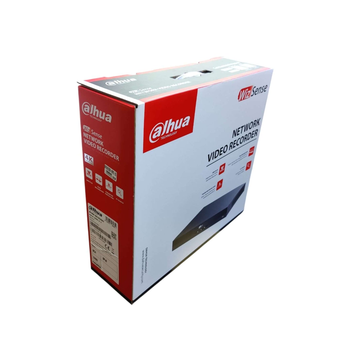 Dahua NVR4208-8P-EI Network Video Recorder retail box, highlighting 4K, WizSense, and 8PoE features.