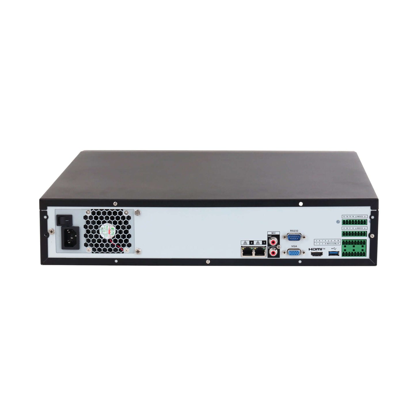 Rear view of Dahua NVR4832-EI NVR, showcasing various input/output ports for cameras, audio, and network.