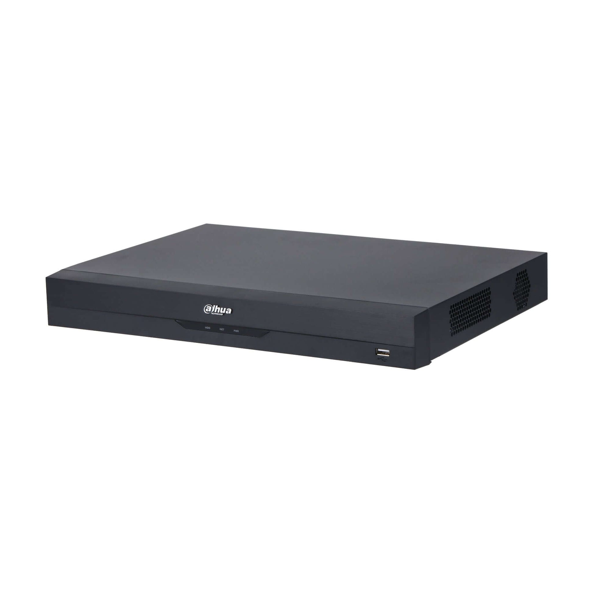 Angled view of Dahua NVR5232-EI 32 channel 2 HDD NVR, sleek black design for professional security.