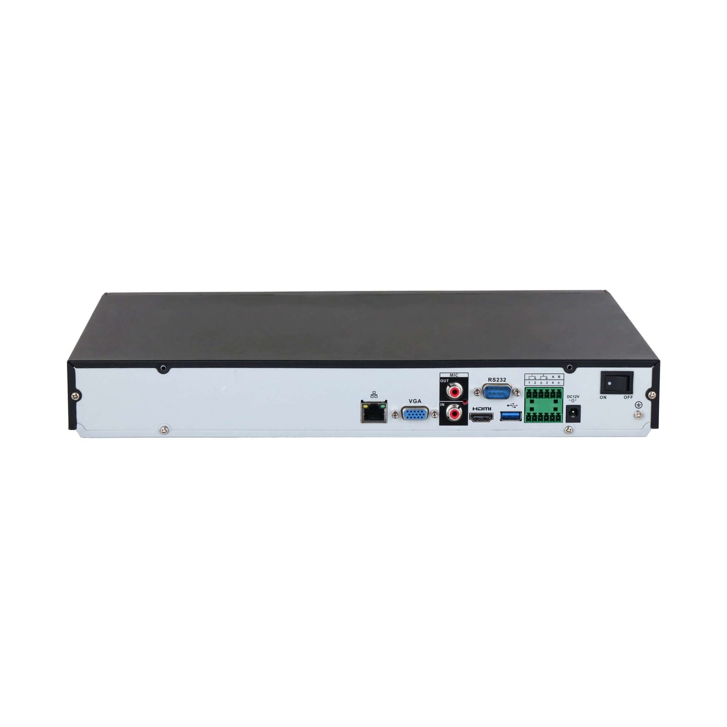 Rear ports of Dahua NVR5232-EI 32CH NVR, showing VGA, HDMI, RS232, and alarm input/output ports.