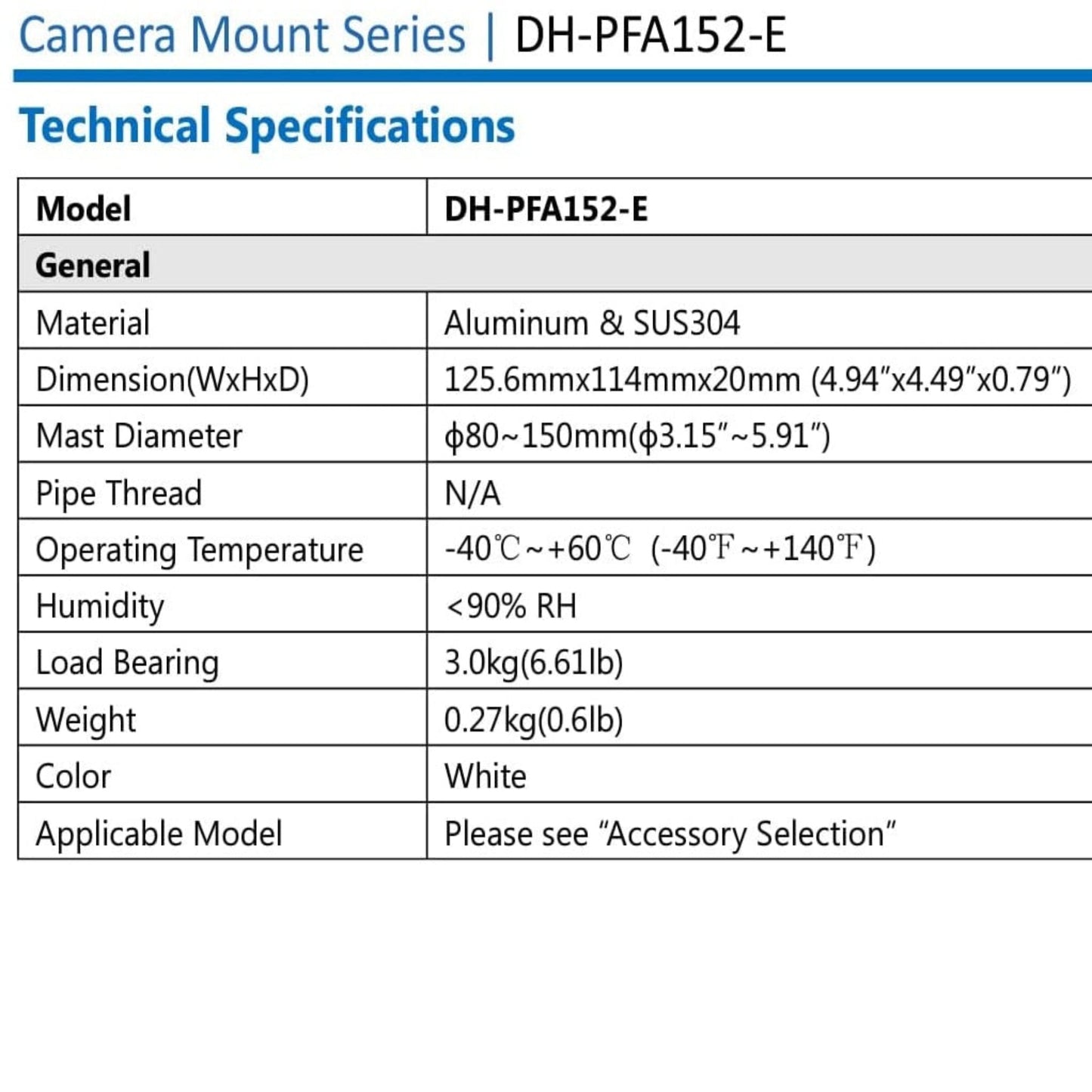 Technical specifications table for Dahua PFA152-E including load bearing and material.