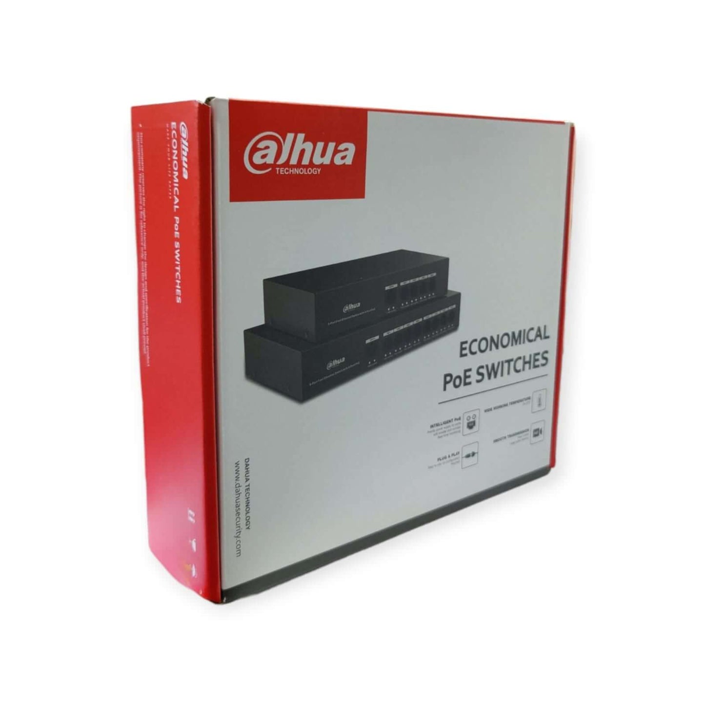 Dahua PoE Switch packaging showcasing economical 5-Port Ethernet switches for IP devices.