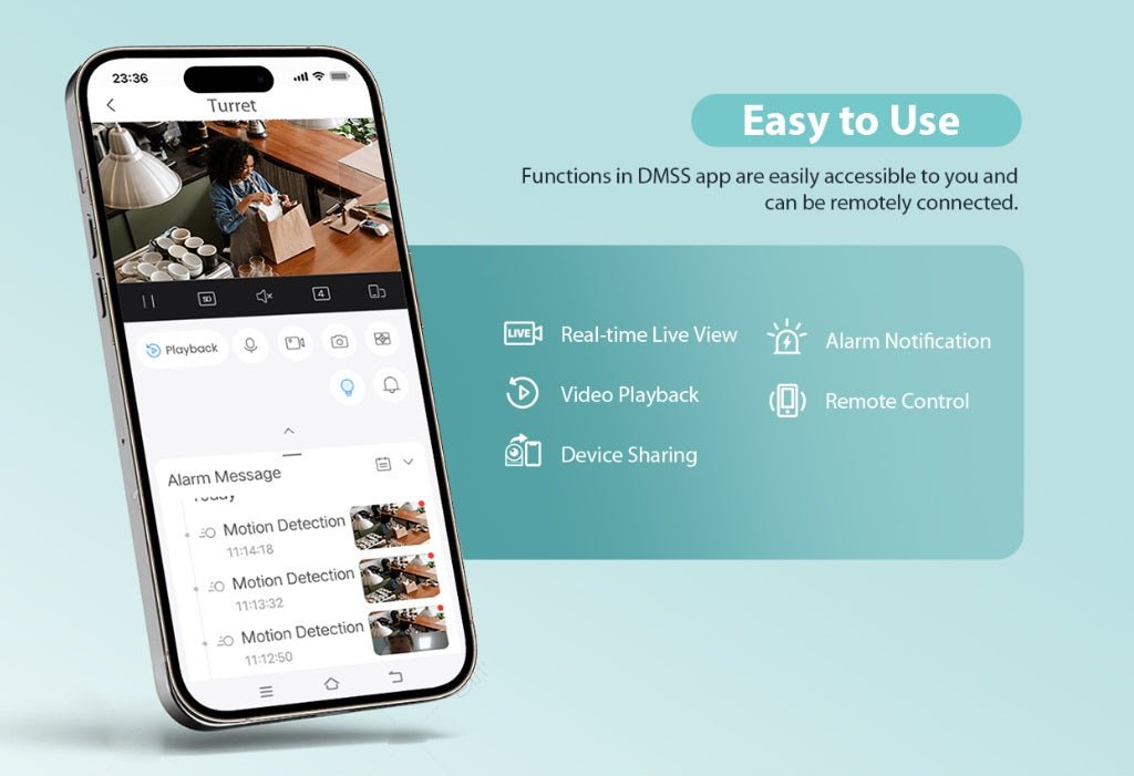 Smartphone displaying DMSS app features like live view, alarm notifications, and remote control functionalities.