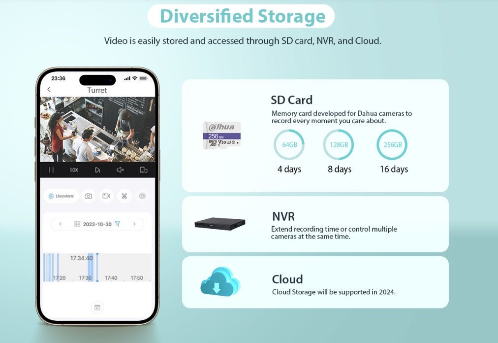 Dahua camera video storage options: SD card, NVR, and Cloud access for flexible recording.